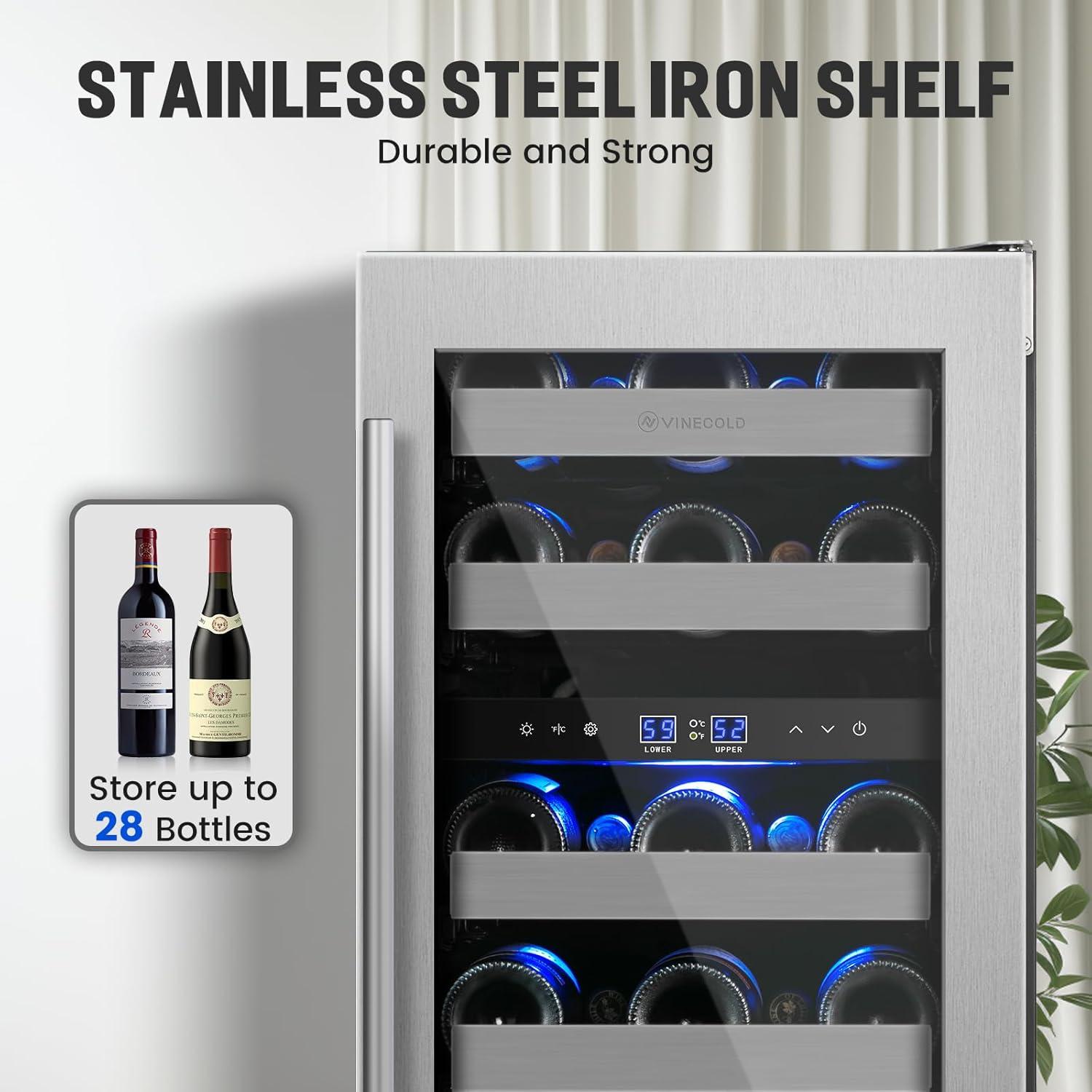 15" Wine Cooler Refrigerator Dual Zone 28 Bottle Capacity, Seamless Reversible Doors, Shelves Stainless Steel Edged, Built-in or Freestanding Wine Fright for Home and Kitchen