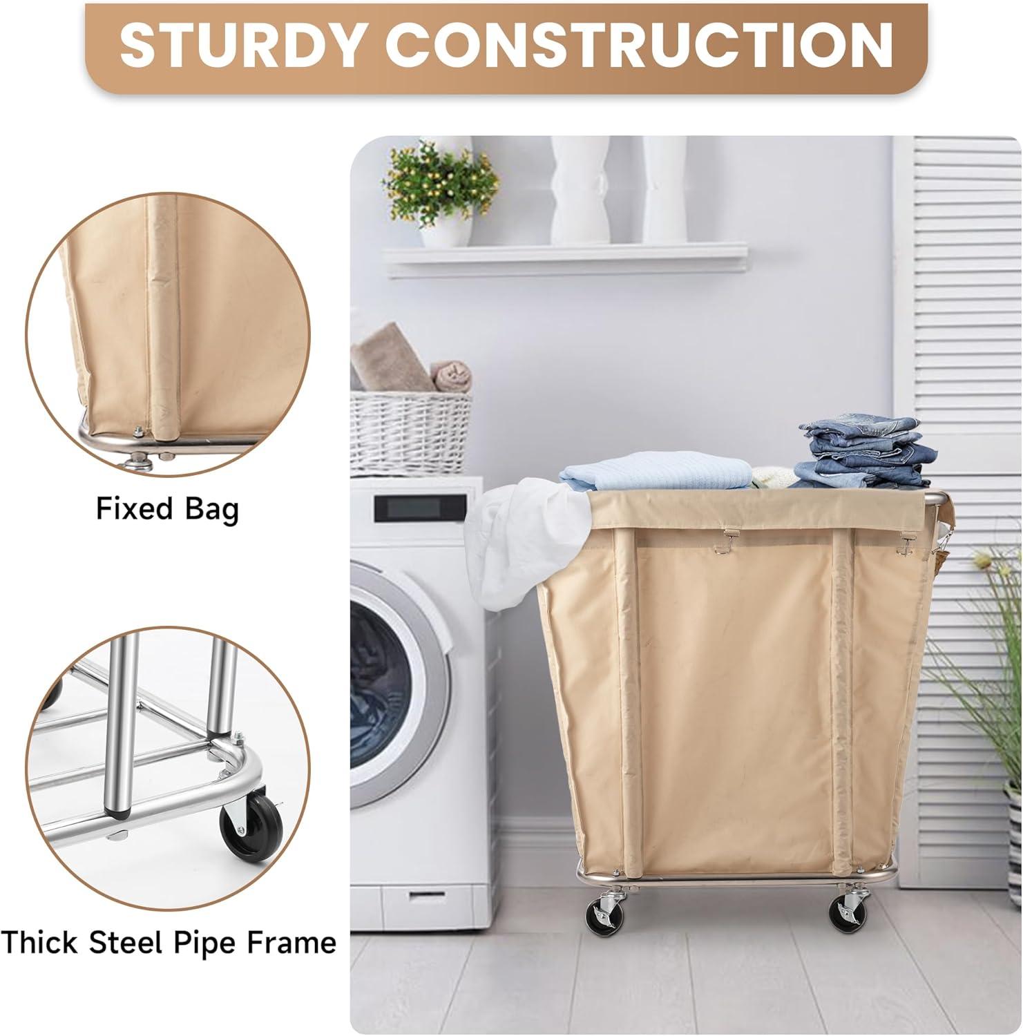 Laundry Cart with Wheels 320L Large Rolling Laundry Cart for Commercial/Home, Rolling Laundry Basket with Steel Frame and Waterproof Lining, 9 Bushel, 32.3L x 19.7W x 30.7H Inch, Beige