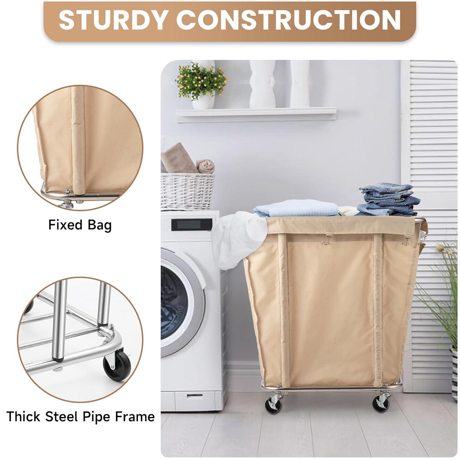 Laundry Cart with Wheels 320L Large Rolling Laundry Cart for Commercial/Home, Rolling Laundry Basket with Steel Frame and Waterproof Lining, 9 Bushel, 32.3L x 19.7W x 30.7H Inch, Beige