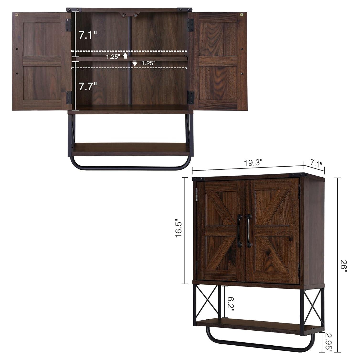 Farmhouse Rustic Medicine Cabinet With Two Barn Door,Wood Wall Mounted Storage Cabinet With Adjustable Shelf And Towel Bar, 3-Tier Cabinet For Bathroom, Living Room