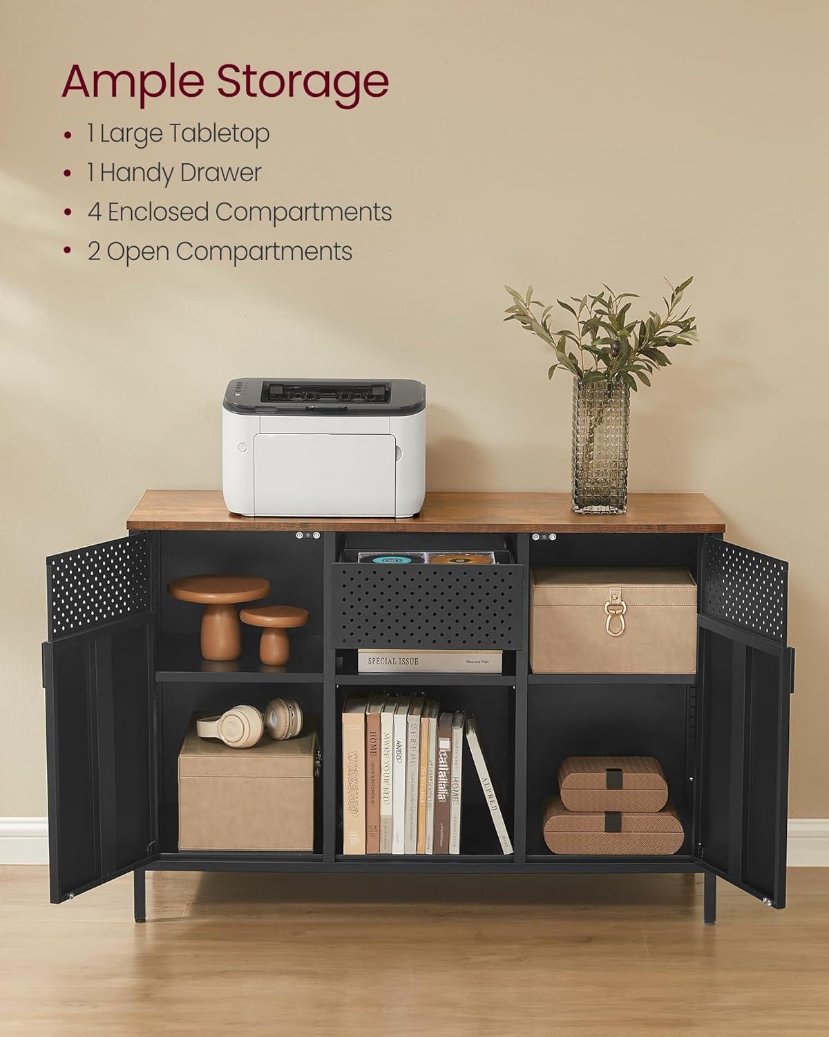 Rustic Brown and Matte Black Metal Storage Cabinet with Adjustable Shelves