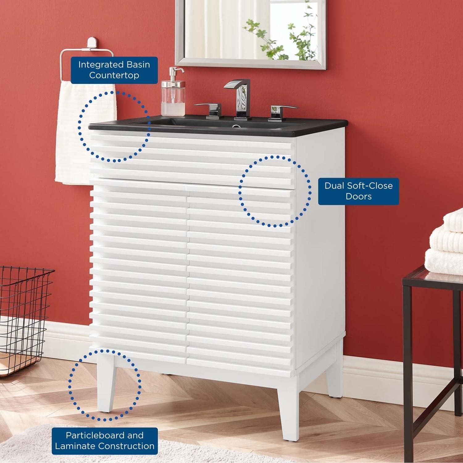 Modway 24 Inch Modern White Black Wood Bathroom Vanity with Sink and Floor Cabinet