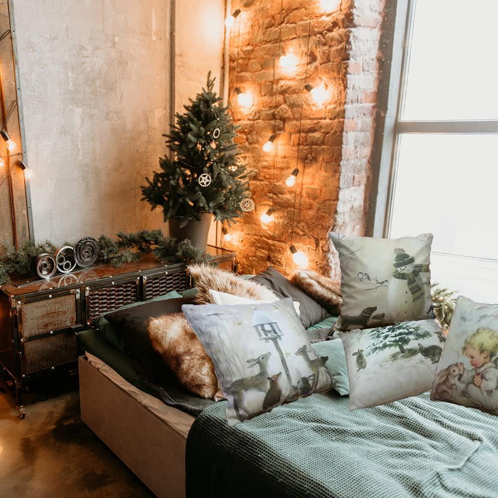 Decorative Throw Pillow Cover Christmas - 18 x 18 Inch Animal Snowman Rabbit Deer Silver Xmas Cushion Case - Set of 4 Square Pillowslip, Gift for Sofa, Patio, bedroom Decor (Hellote Xmas, 18"x18")