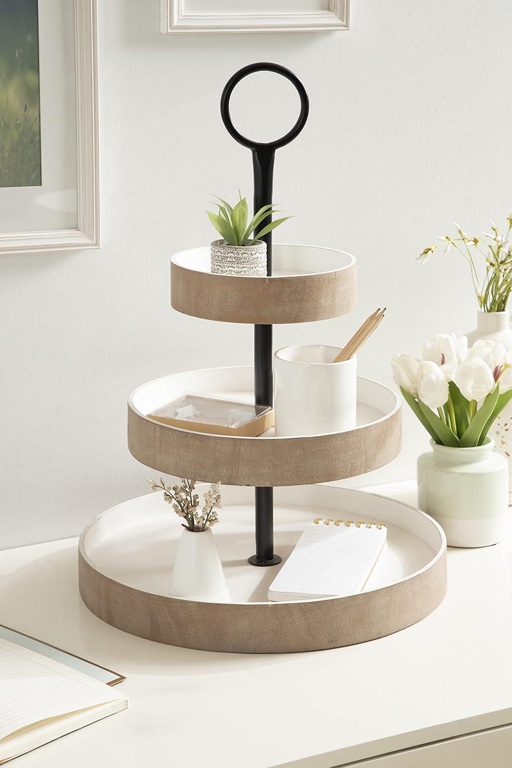 Kate and Laurel Woodmont Tray, 3 Tier, Rustic Brown and White