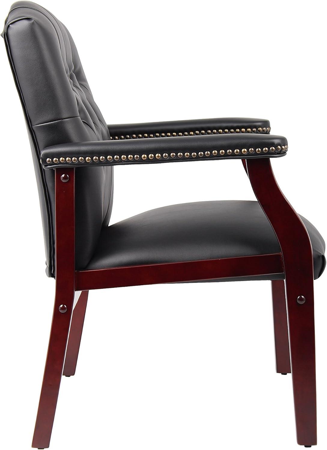 Classic Traditional Button Tufted Black Vinyl Guest Chair with Mahogany Wood Frame