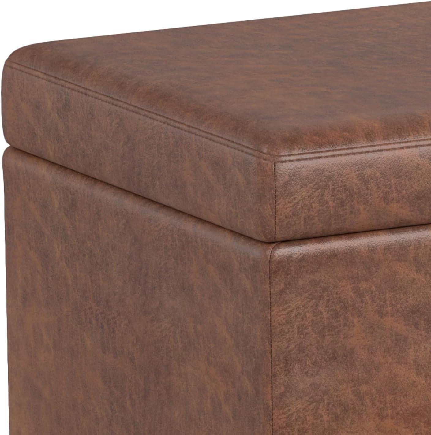 Distressed Saddle Brown Faux Leather Storage Ottoman Bench