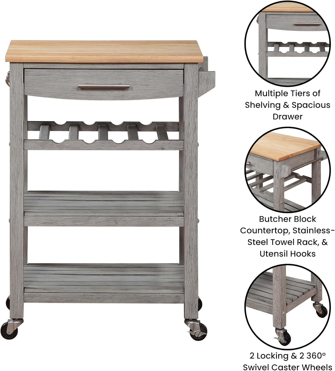 Ellaine Light Gray Solid Wood Butcher Block Kitchen Cart with Wine Rack
