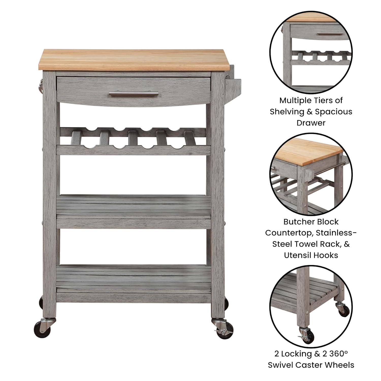 Ellaine Light Gray Solid Wood Butcher Block Kitchen Cart with Wine Rack