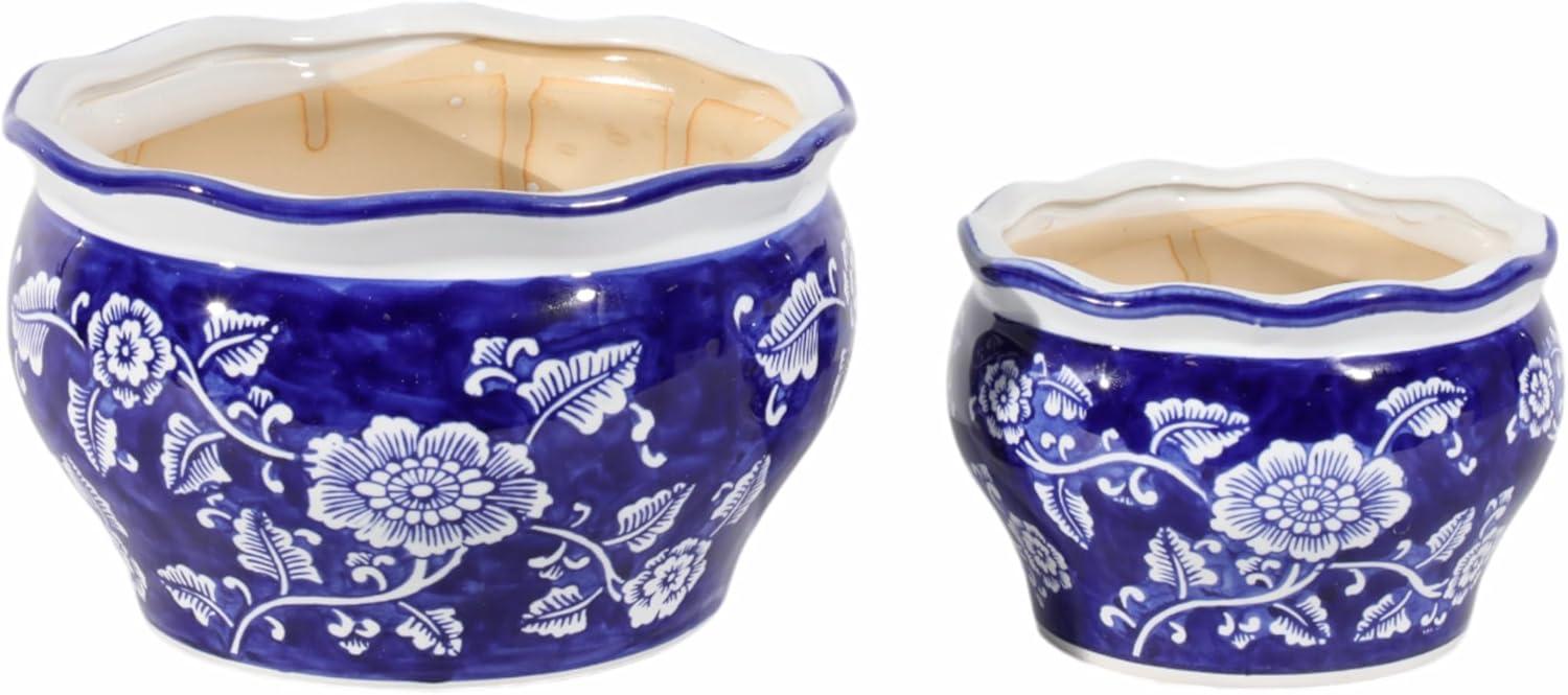 Sagebrook Home 2pc Chinoisere Ceramic Indoor Outdoor Planter Pots Blue/White: Hand-Painted, Rust-Resistant, No Assembly Required