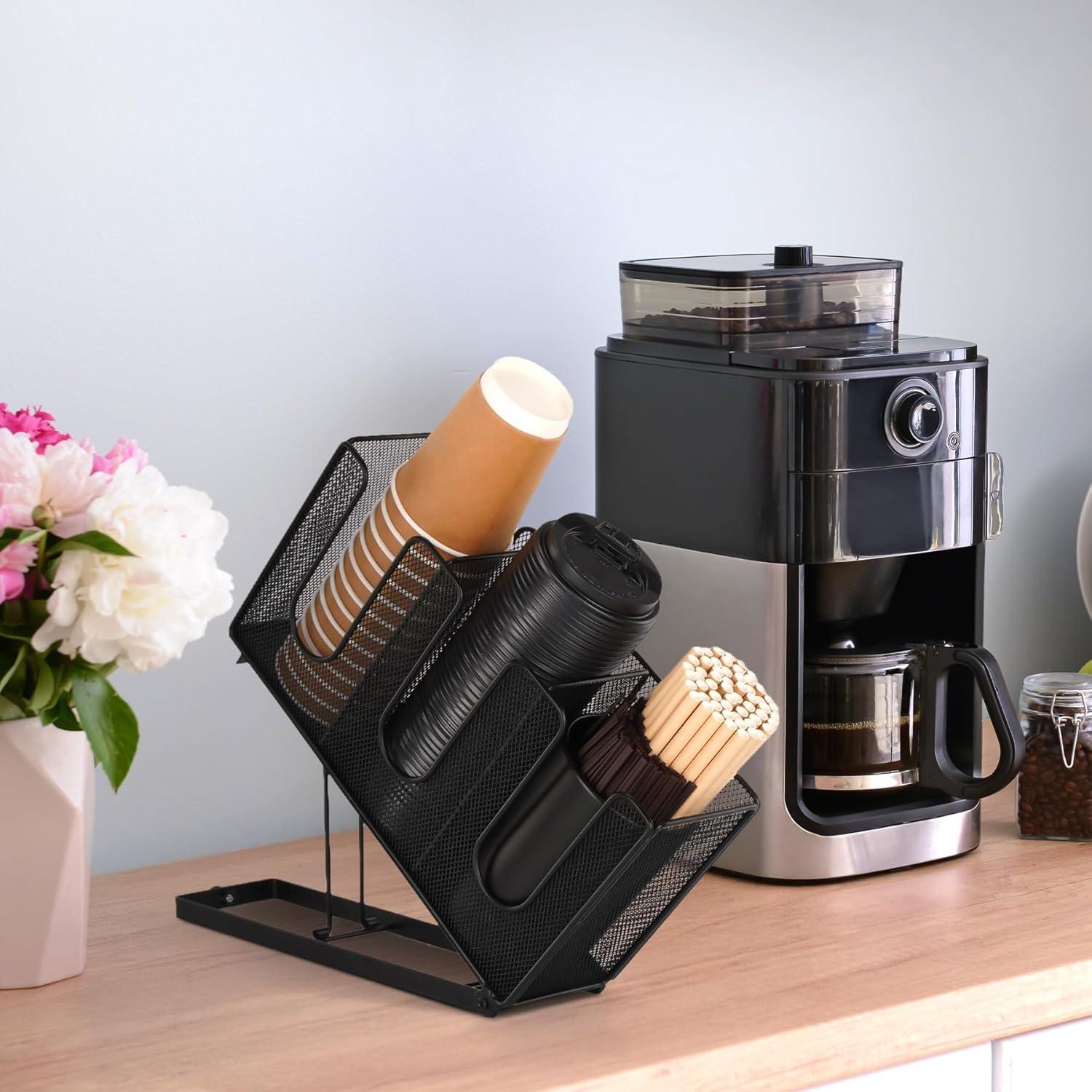 Paper Cup and Lid Holder with Straw Organizer, Disposable Coffee Cup Dispenser for Countertop Coffee Station Bar Restaurant Breakroom, Black