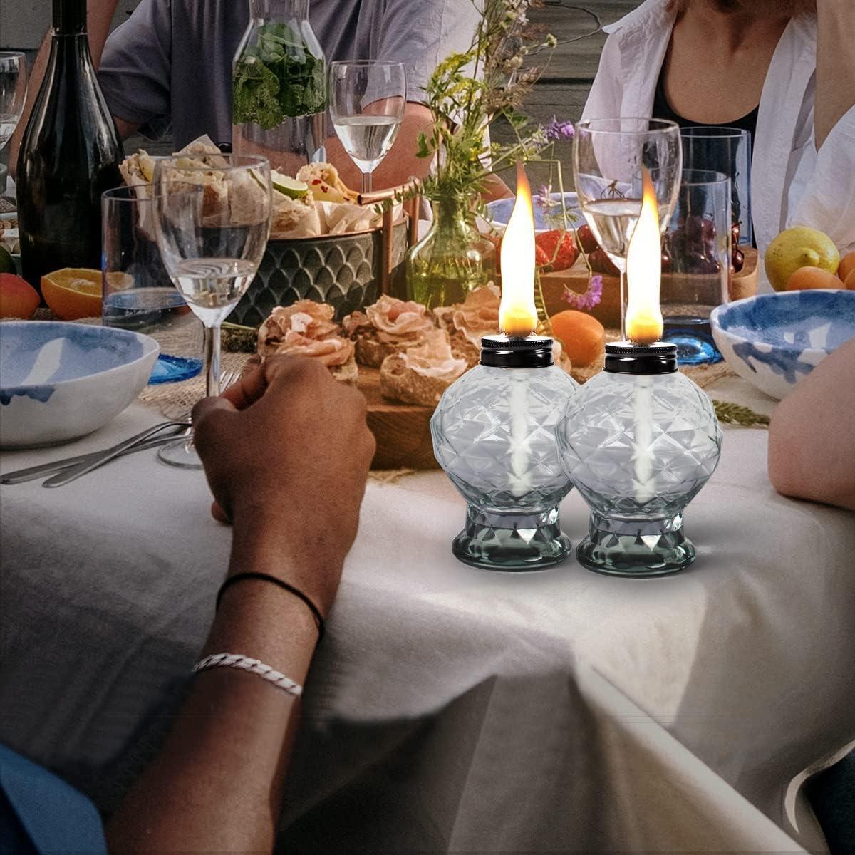 TRAHOO-4 Pack Glass Table Top Light Torches for Outside, Easy to Refill Glass Citronella Torches Outdoor Lanterns, Wick and Cap Included Torch for Garden Patio Yard Party