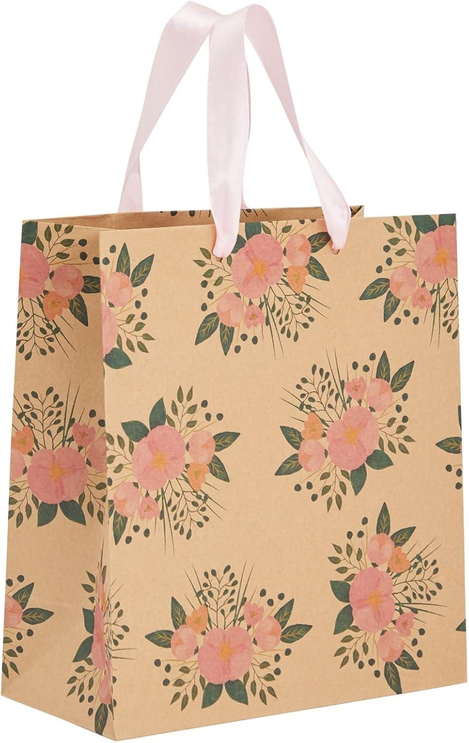 Juvale 24 Pack Kraft Paper Floral Gift Bags with Pink Ribbon Handles, 8x4x9 Inches, 2 Designs, For Themed Party Favors