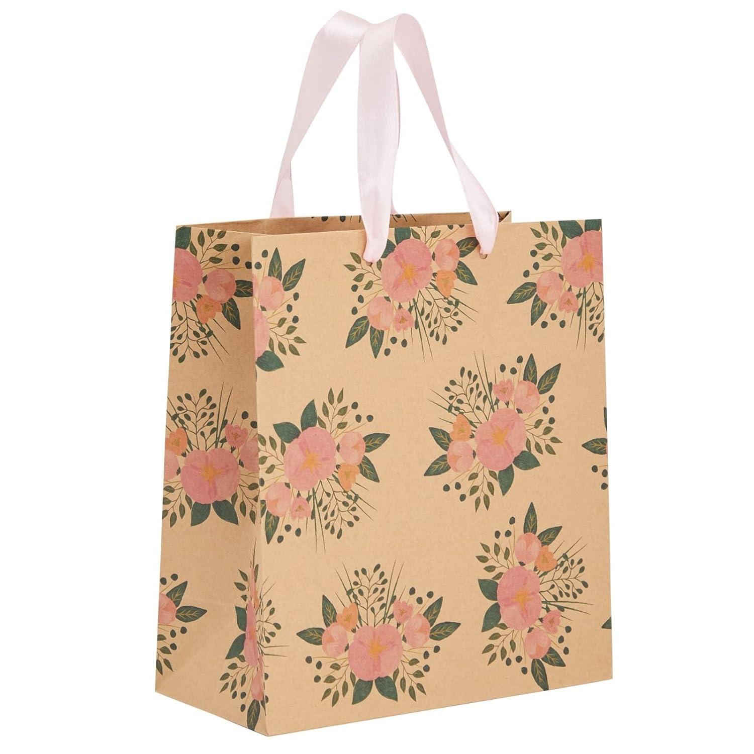 Juvale 24 Pack Kraft Paper Floral Gift Bags with Pink Ribbon Handles, 8x4x9 Inches, 2 Designs, For Themed Party Favors