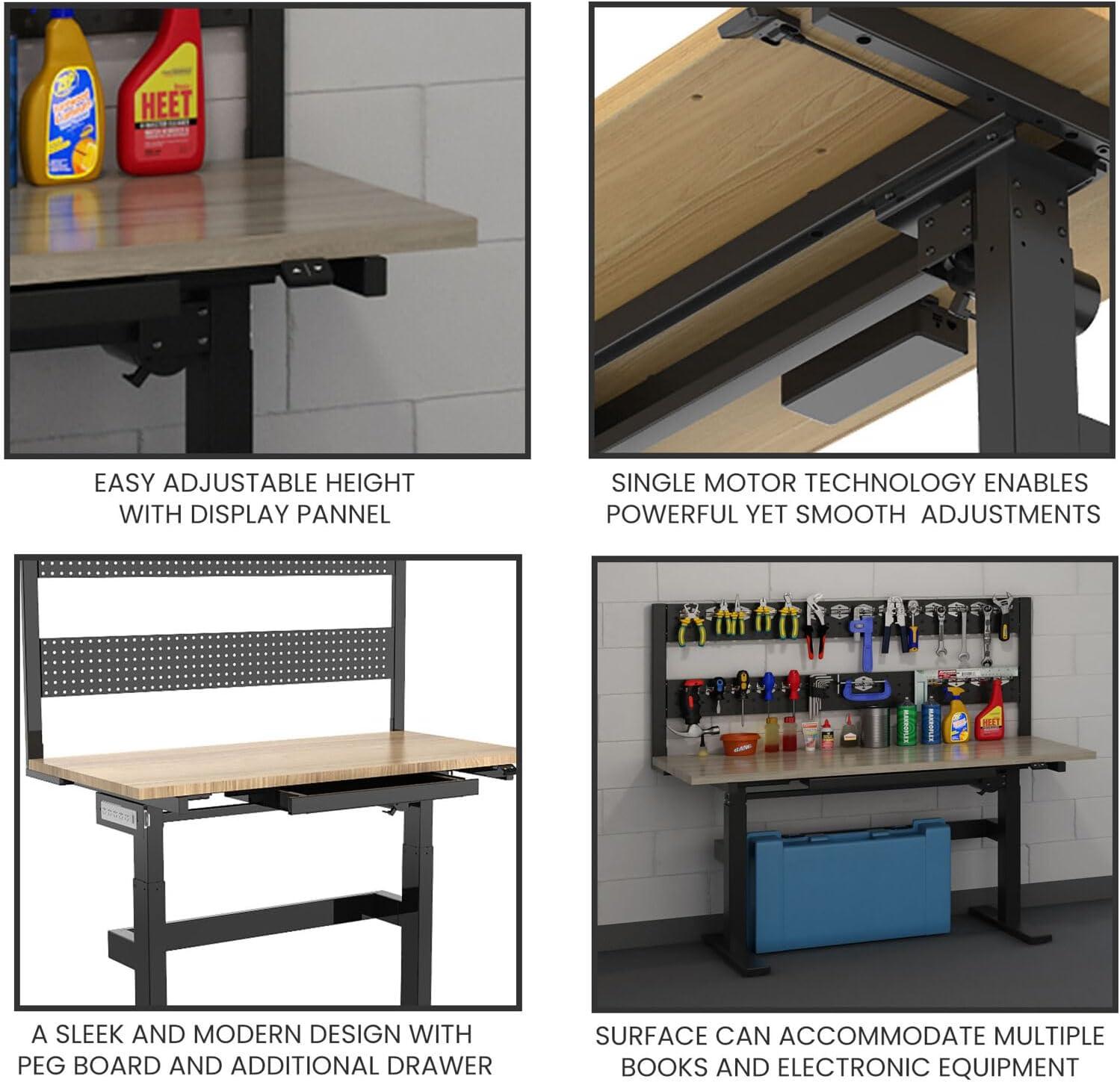 Hanover 24-In. Wide Natural Wood Motorized Work Bench with Adjustable Heights and Peg Board