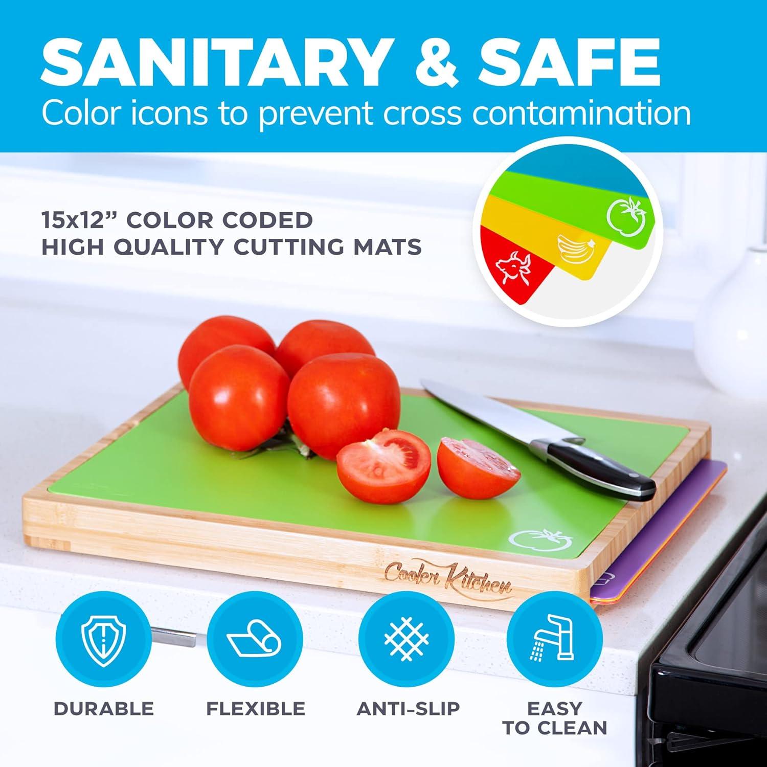 Tabla de Cortar de Madera de Bambú Fácil de Limpiar con Juego de 6 Tapetes de Corte Flexibles Codificados por Colores con Iconos de Comida - Juego de Tabla de Cortar