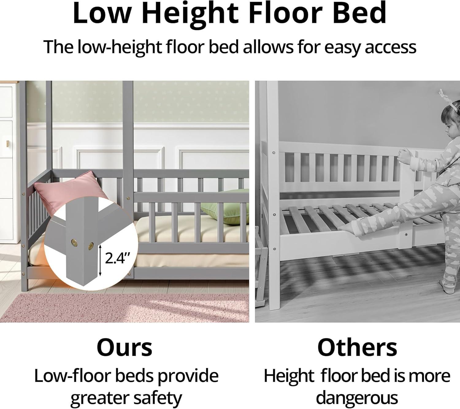 Twin Floor Bed for Kids, Wooden House Bed Frame with Roof, Fence Guardrails, Montessori Bed for Toddlers Girls Boys, Gray