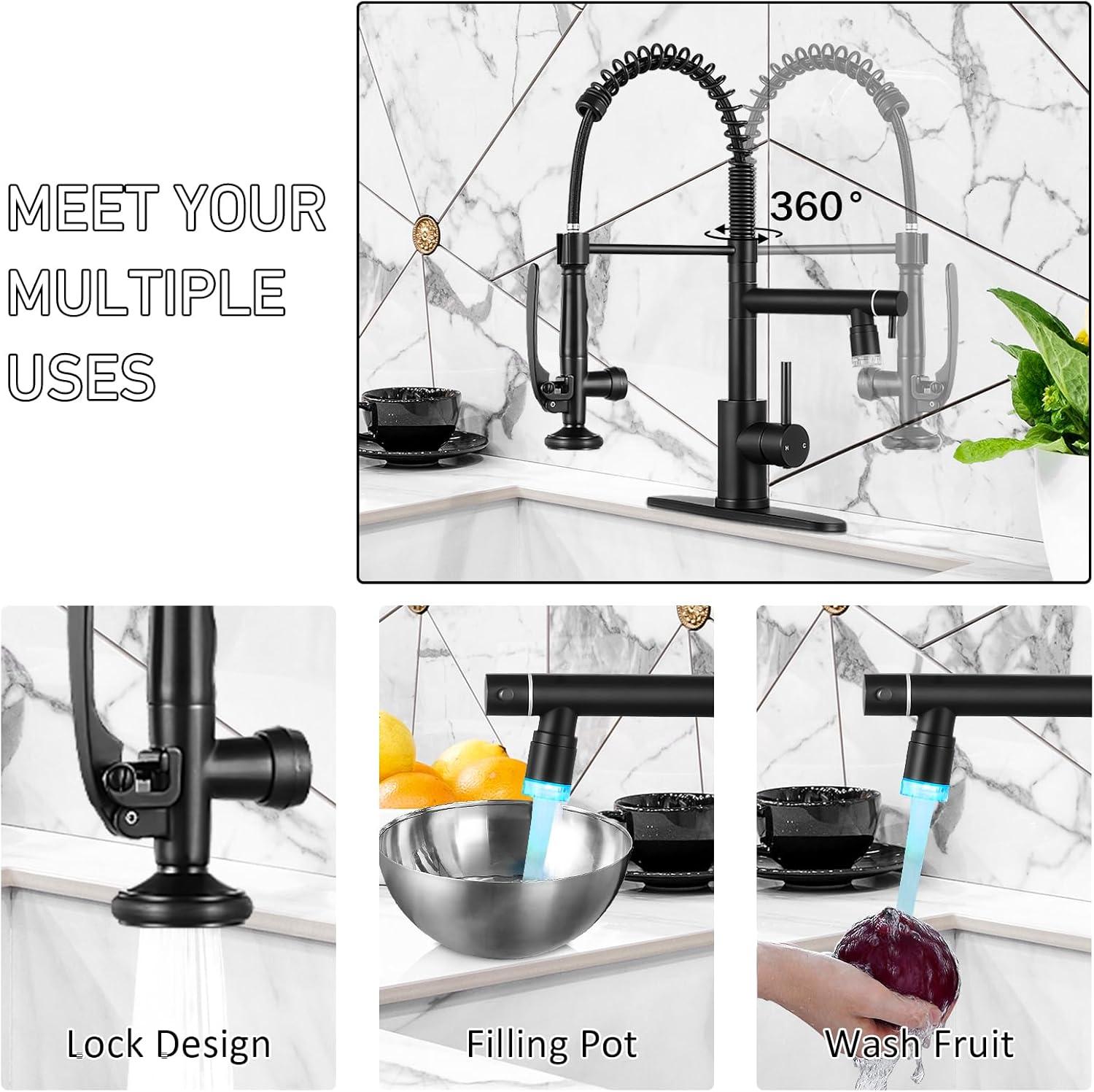 Matte Black Stainless Steel LED Kitchen Faucet with Pull-out Spray