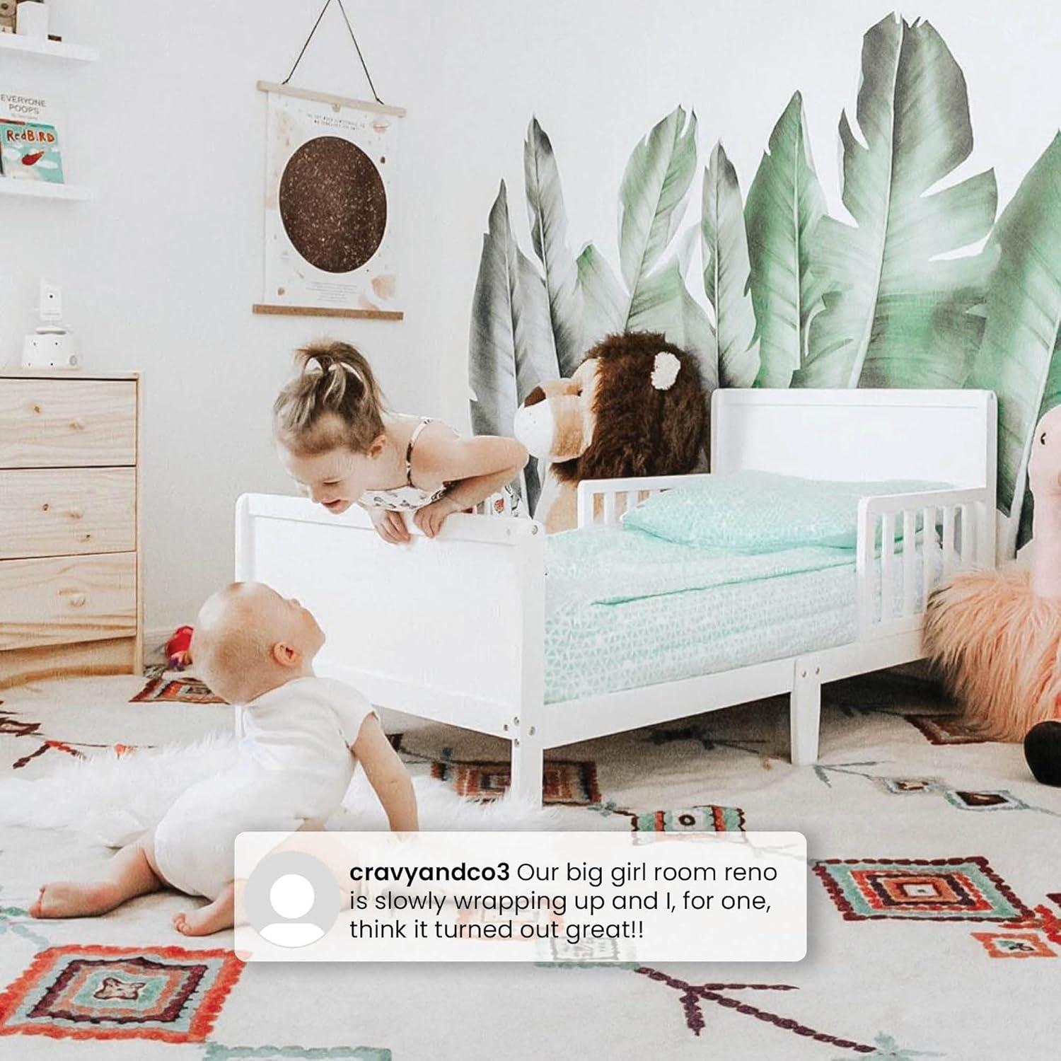 White Wood Toddler Bed with Guardrails and Headboard