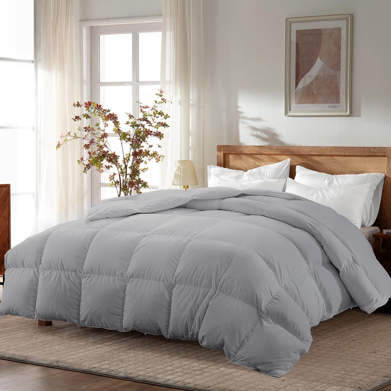 WarmKiss Queen Size Goose Feather Down Comforter – Ultra-Soft 100% Cotton Cover, Moisture-Wicking, Natural Kapok Fill, 46oz Medium Warmth, All-Season Fluffy Duvet Insert (90x90, Grey)