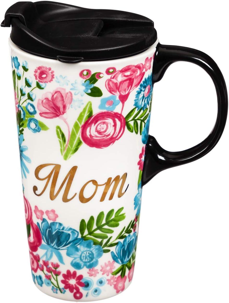 Floral Mom Ceramic Travel Mug with Black Handle and Lid