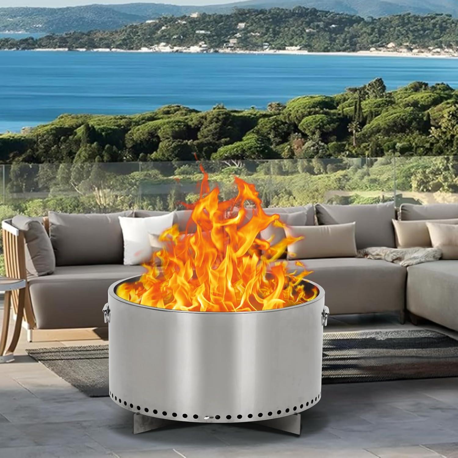 20.5 Inch Brushed Stainless Steel Smokeless Fire Pit with Removable Ash Pan