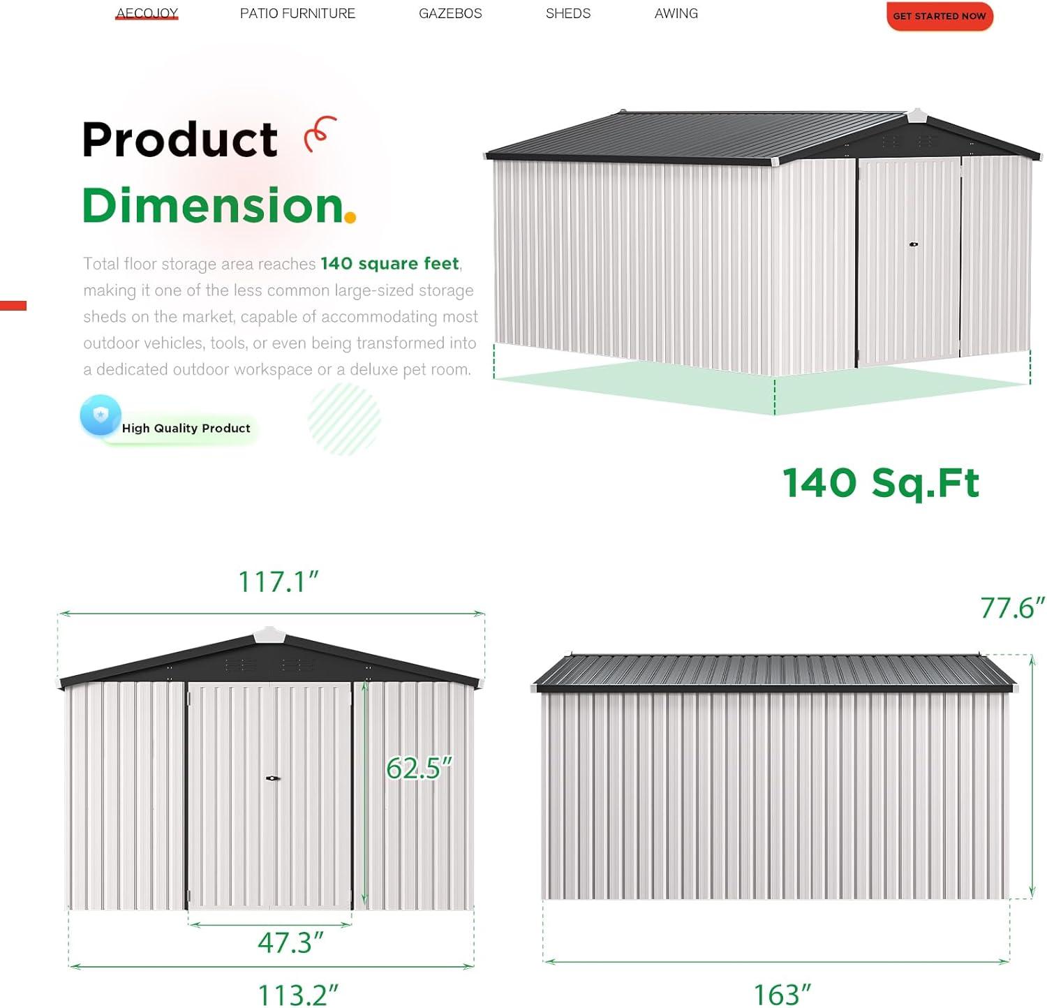 AECOJOY 10' x 14' Outdoor Storage Shed with Lockable Door Patio Metal Garden Storage Building in White for Outside
