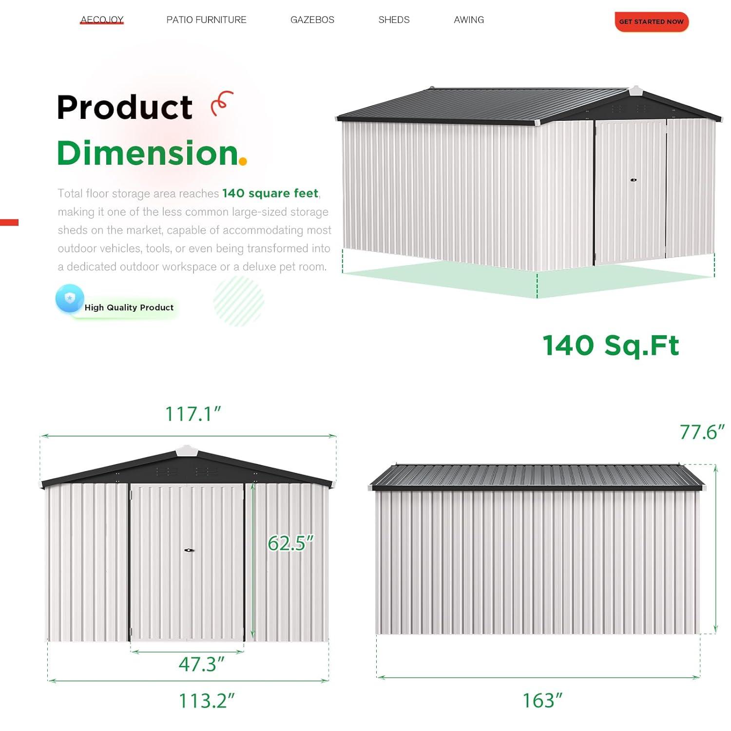 AECOJOY 10' x 14' Outdoor Storage Shed with Lockable Door Patio Metal Garden Storage Building in White for Outside