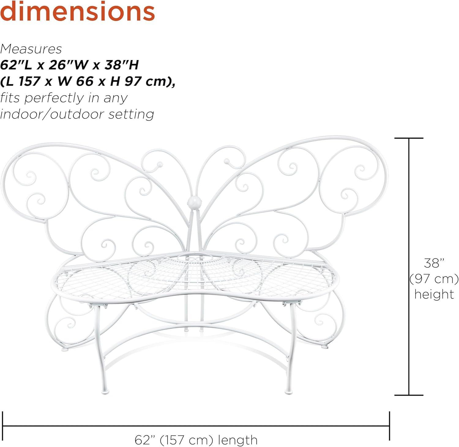 38" x 62" Metal Butterfly Outdoor Bench White - Alpine Corporation: Weather-Resistant, Garden Seating