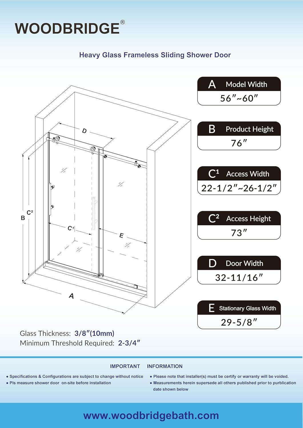 WoodBridge 56"-60" W x 76" H Single Sliding Frameless Shower Door | 3/8" (10mm) Thickened Upgrade Tempered Glass | Stainless Steel Hardware | Safe, Explosion-Resistant, Clear & Stylish, Sturdy & Durable MBSDC6076-BG