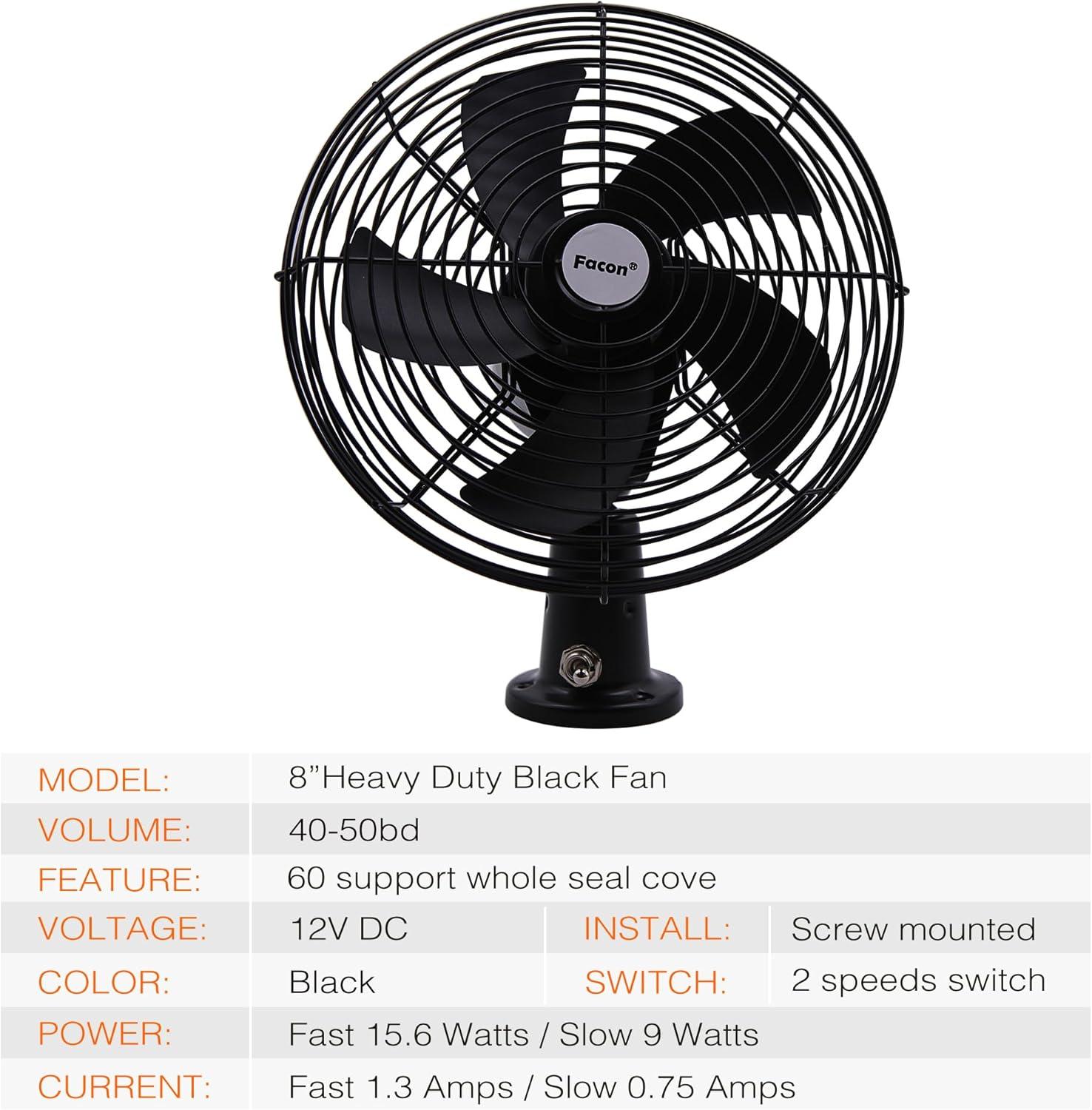 Facon 12V 8'' Car Cooling Automobile Vehicle Fan, Powerful Quiet with 2-Speed, Ventilation Electric Car Fans for RV Truck Bus Boat Van SUV Yacht