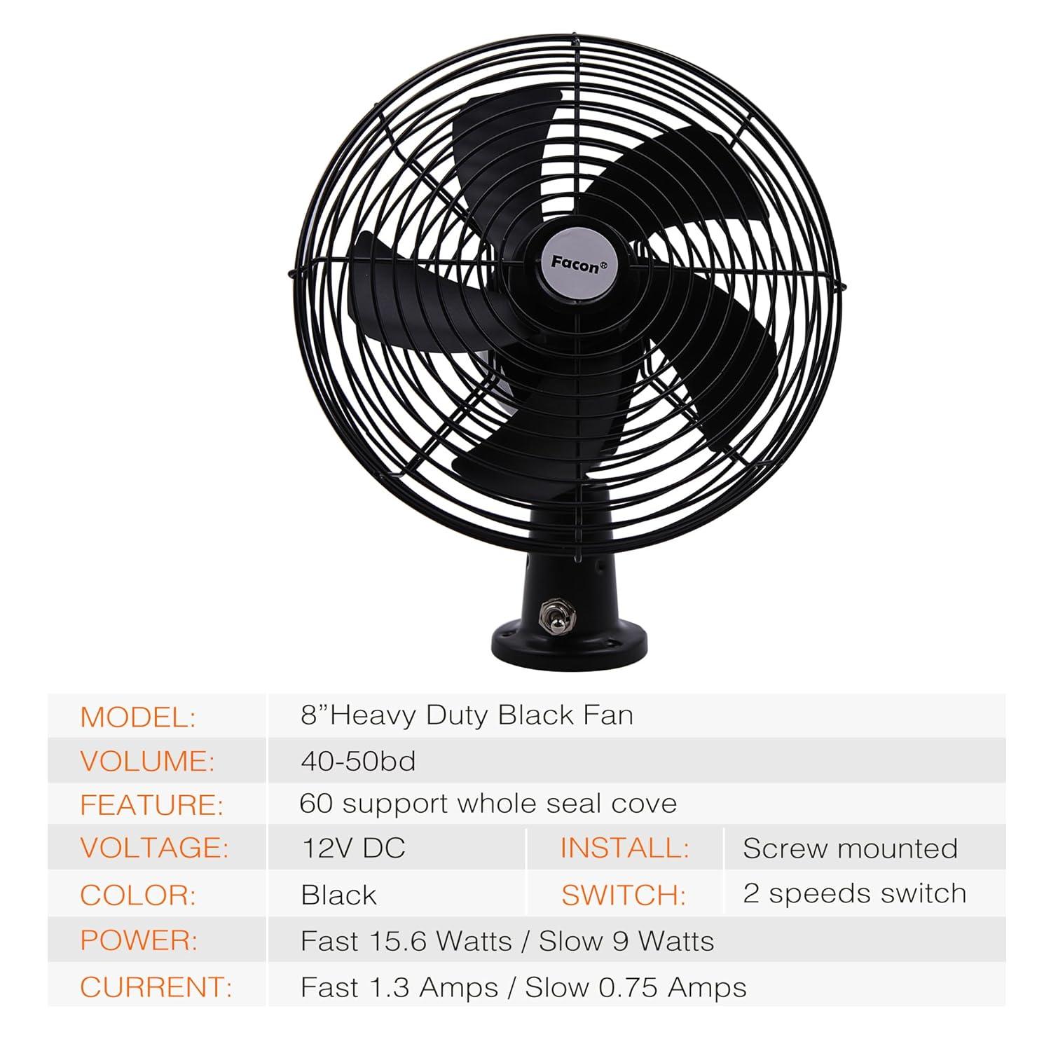Facon 12V 8'' Car Cooling Automobile Vehicle Fan, Powerful Quiet with 2-Speed, Ventilation Electric Car Fans for RV Truck Bus Boat Van SUV Yacht