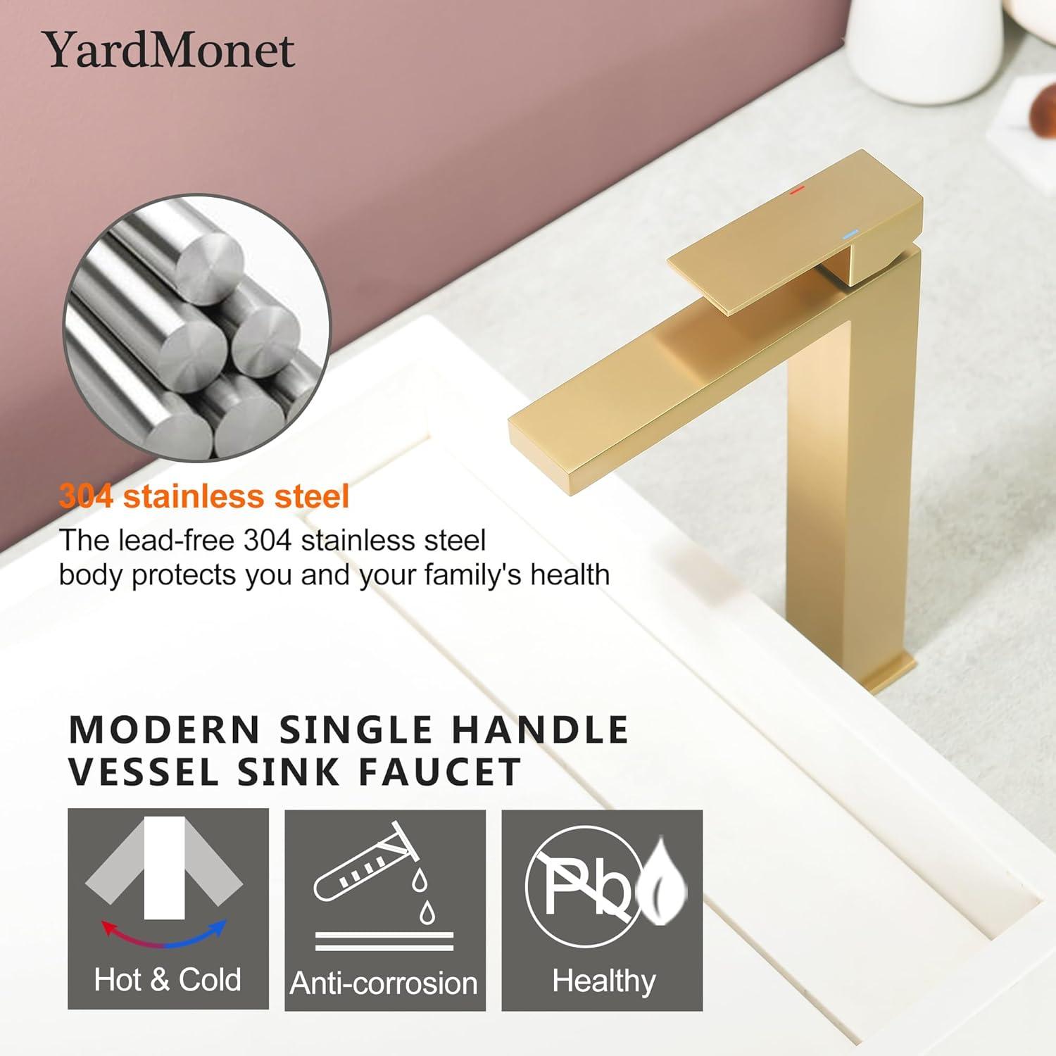 Gold Vessel Sink Faucet, Brushed Gold Tall Single Handle Bathroom Vessel Sink Faucet 1 Hole, Modern Stainless Steel Restroom Vanity Faucet with Metal Pop Up Drain and Water Supply Hose