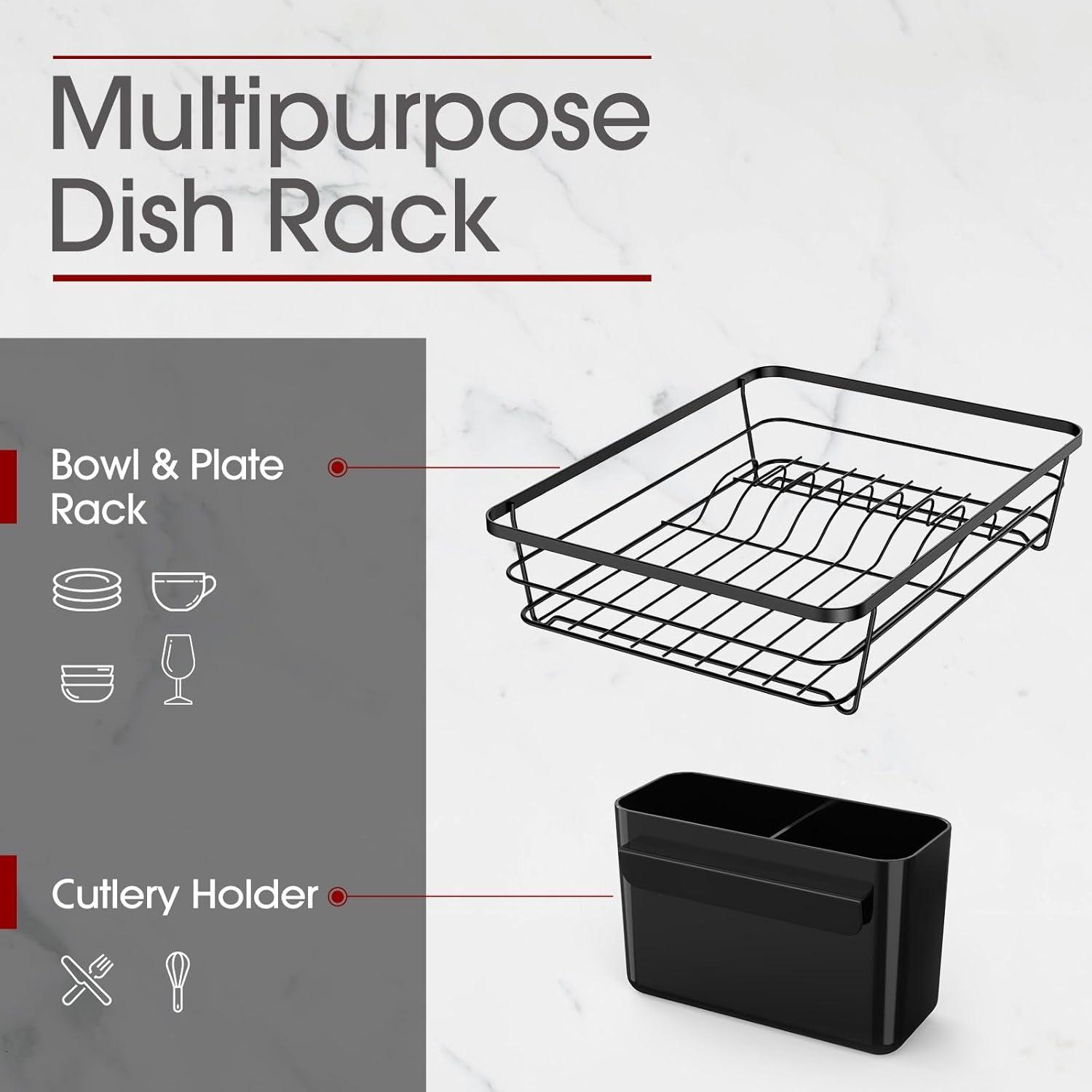 Riousery Dish Drying Rack for Kitchen Counter, Compact Dish Rack Drain Set with Utensil Holder,Cup Holder,Black