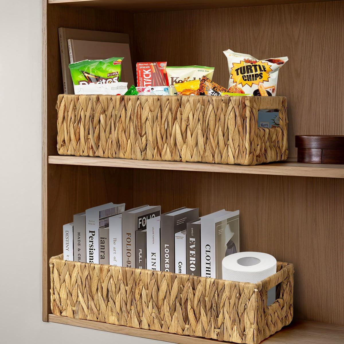 INDSUMOT Set of 2 Bathroom Storage Baskets, Natural - Water Hyacinth, 16" W x 6.75" D x 4.25" H, Woven Toilet Tank Topper Bins for Organizing Tissues, Toilet Paper, Toiletries, Shelves