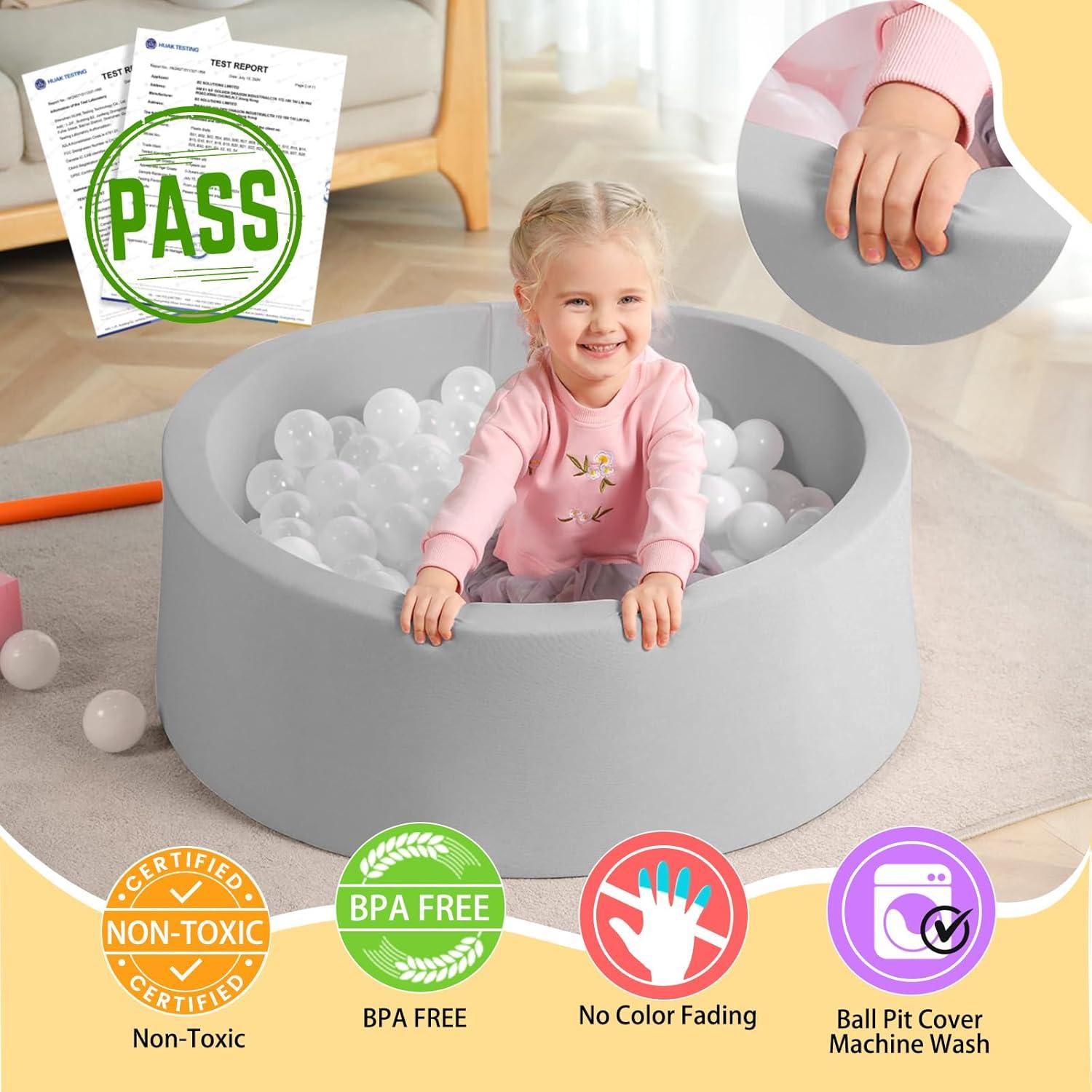 TrendBox Foam Ball Pit for Toddler, 35" x 12" Memory Sponge with Removable Cover Indoor Round Ball Pit for Kids Children - Light Gray