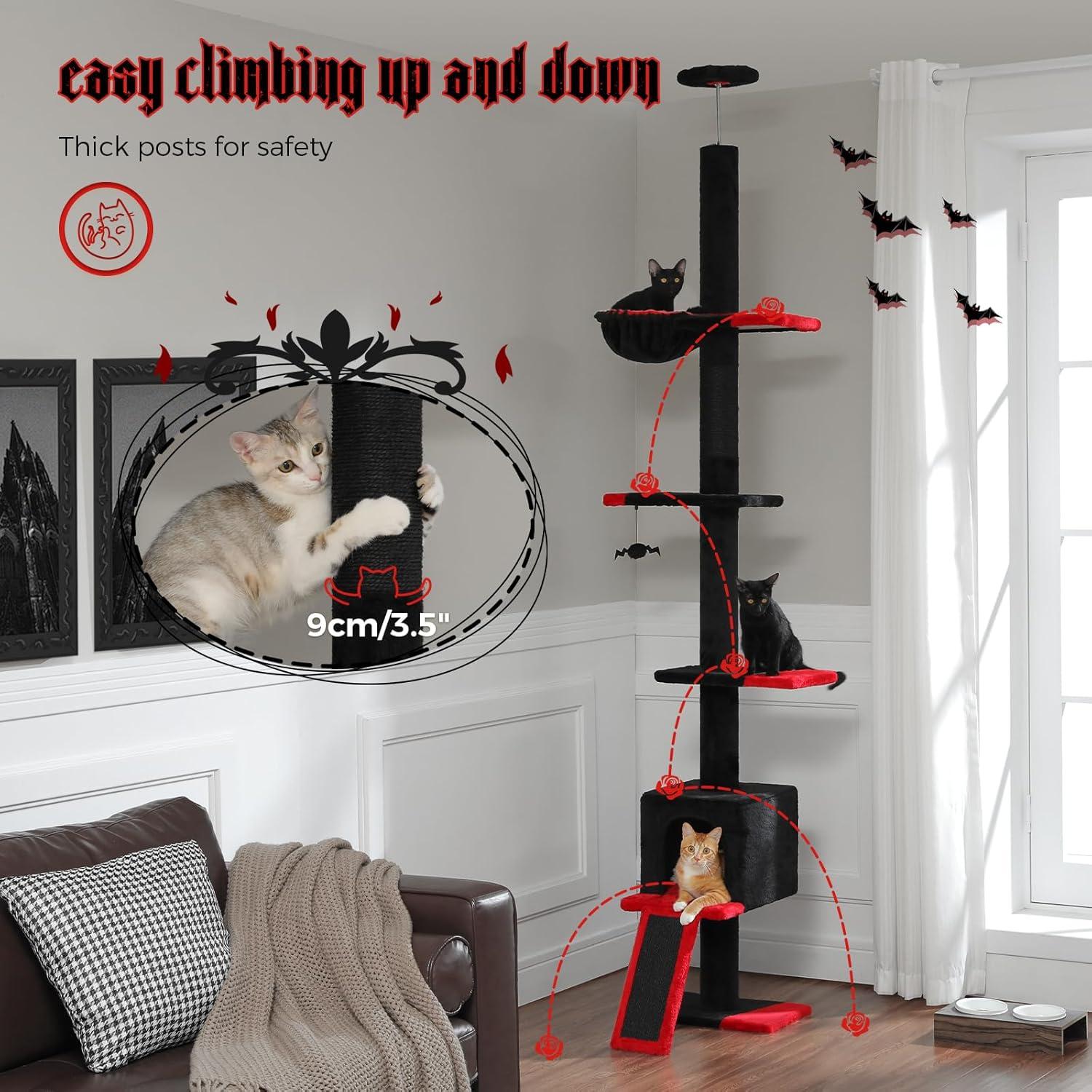 Adjustable Height Floor To Ceiling 5-Tier Tall Cat Tree Tower For Indoor Cats With Cat Condo, Cat Scratching Post And Cat Ladder