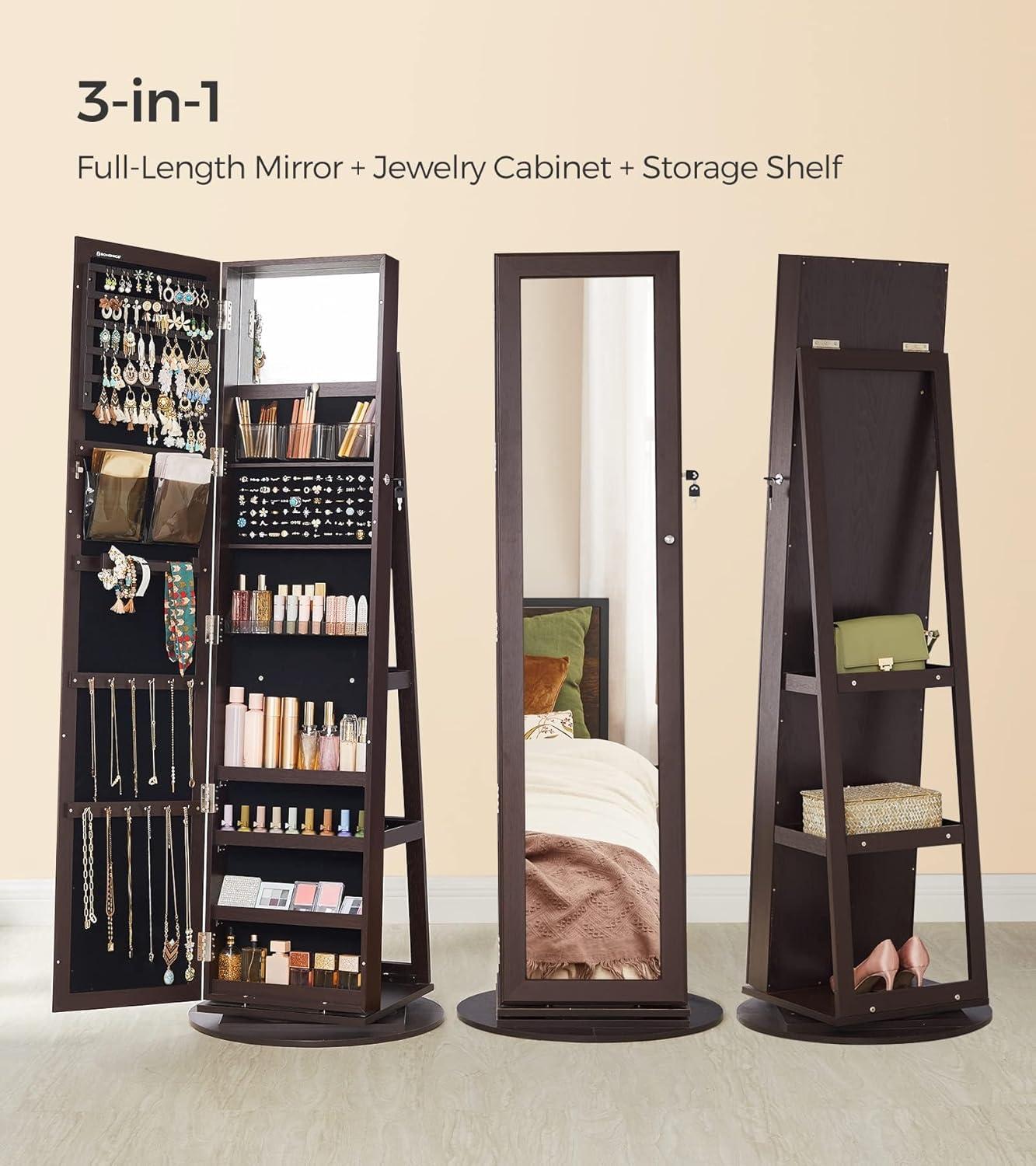 360° Swivel Jewelry Cabinet with Full Length Mirror Modern Adult Accessory Armoire, Brown