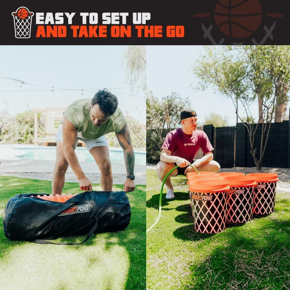 Giant Yard Pong X Basket Ball Game with Durable Balls and Buckets, Outdoor Game for Lawn, Backyard and Beach, Set Includes 12 Buckets, 2 Basket Balls, Carrying Bag and Air Pump