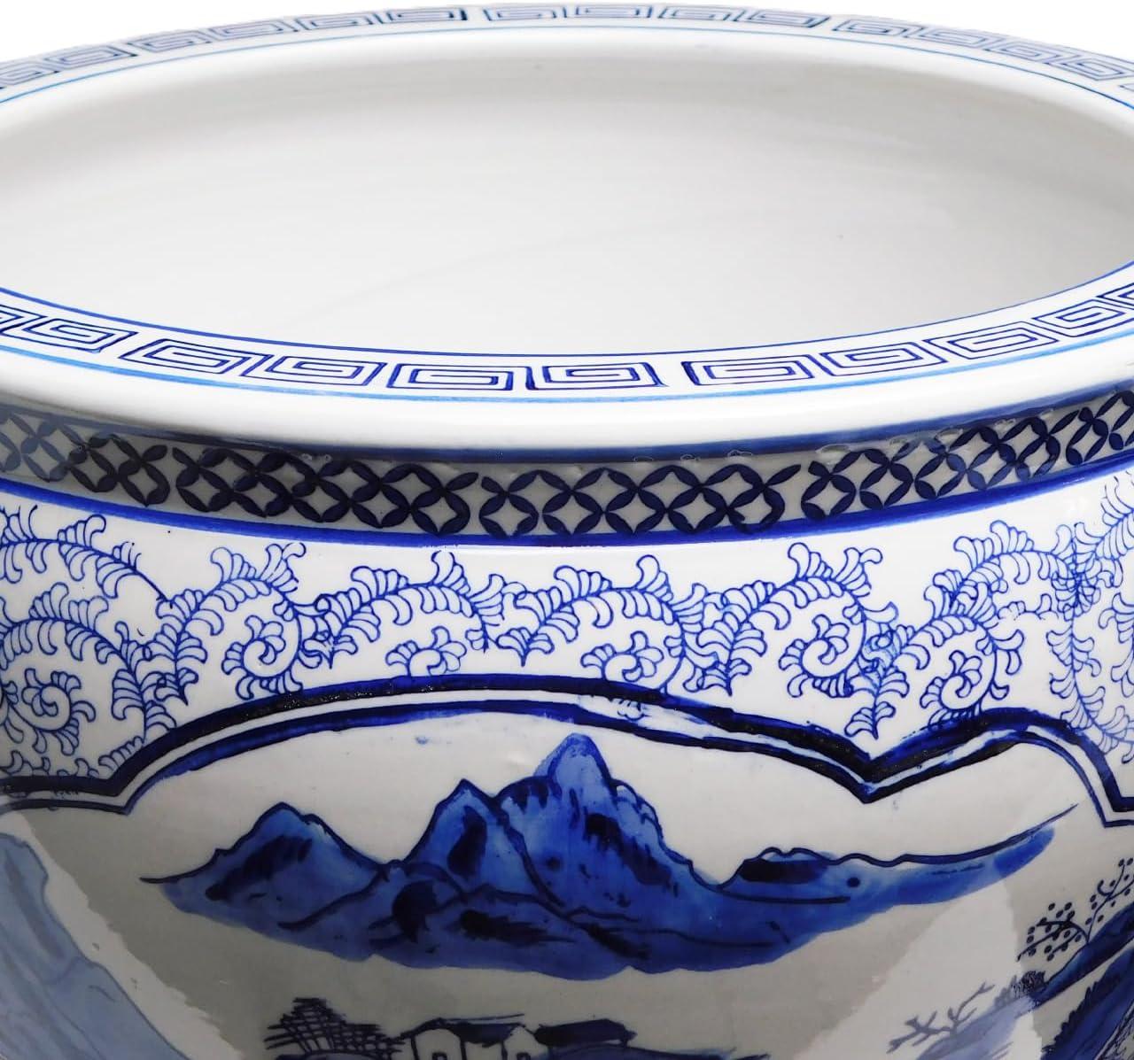 Blue and White Porcelain Garden Pots Painted Landscape (10" W x 8" H | Inside Rim 8" | Base 6.5")