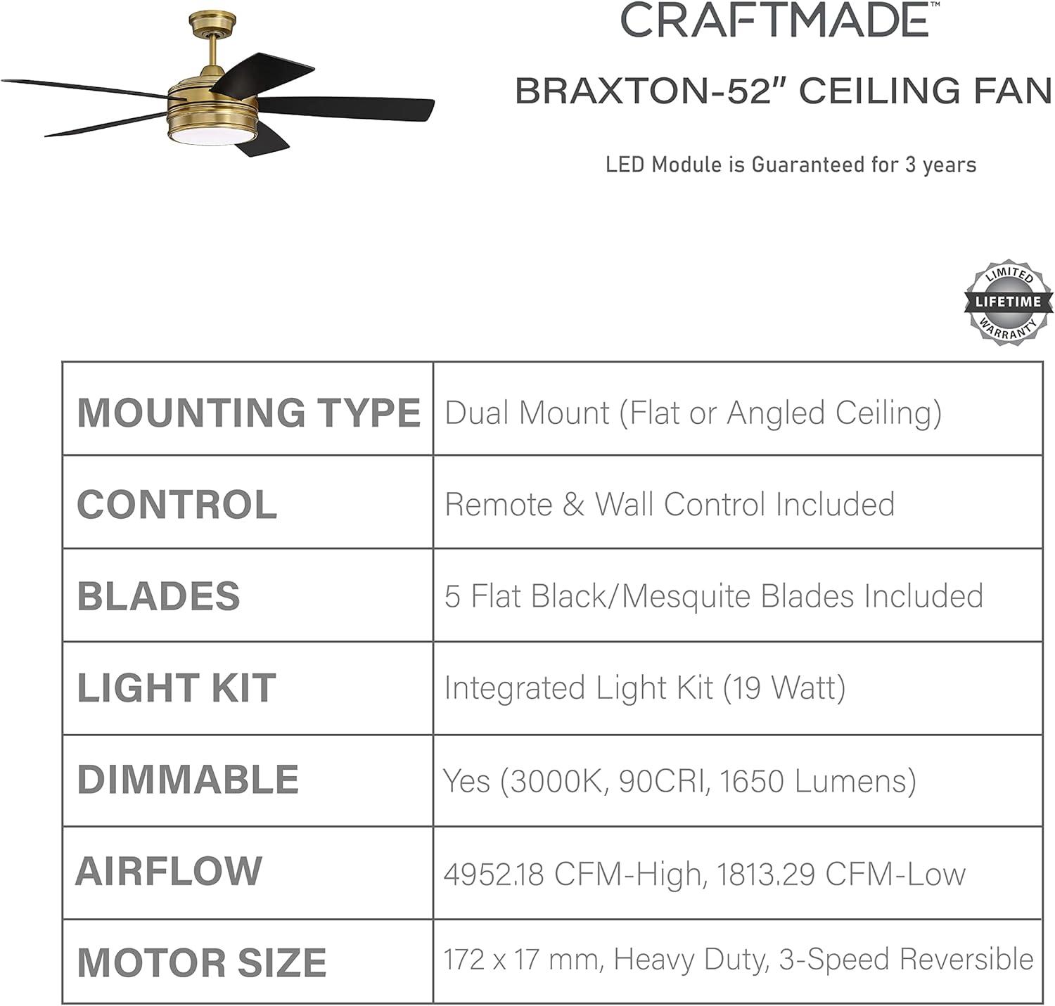 Craftmade Brx52 Braxton 52" 5 Blade Indoor Ceiling Fan - Brass