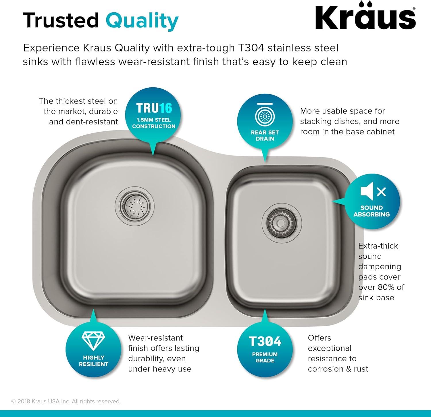 KRAUS Premier 35-inch L 16 Gauge Undermount 60/40 Double Bowl Stainless Steel Kitchen Sink