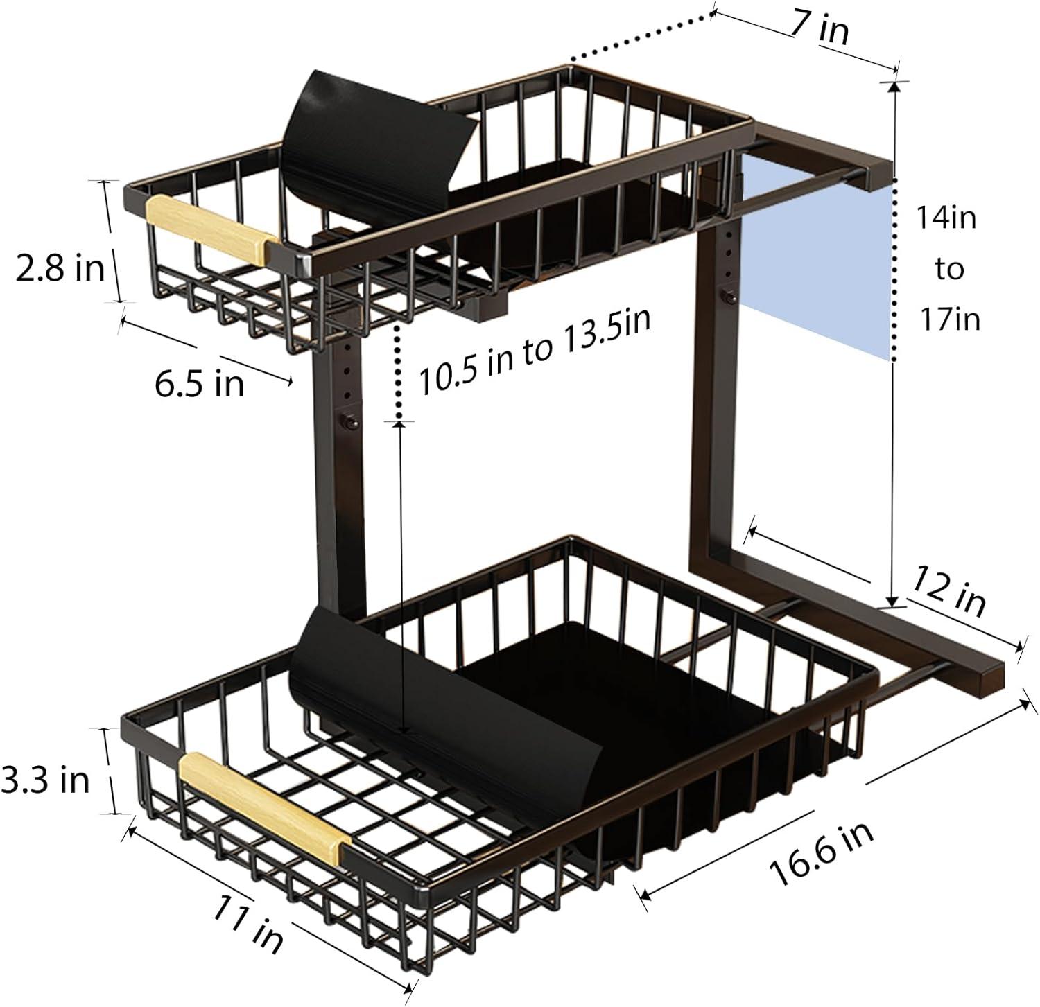 2 Pack Under Sink Organizer 2 Tier Under Sink Organizers and Storage Adjustable Kitchen Pull out Cabinet Organizer Metal Sliding Drawer for Bathroom Pantry Cabinet Closet Organization Rack Black