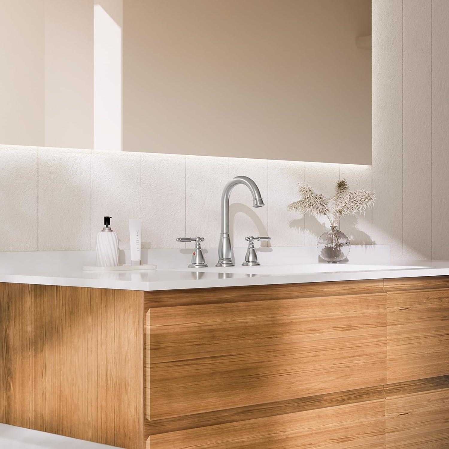 Phiestina 3-Hole 8 inch 2-Handle Brushed Nickel Widespread Bathroom Faucets with Valve and Metal Pop-Up Drain Assembly, WF017-4-BN