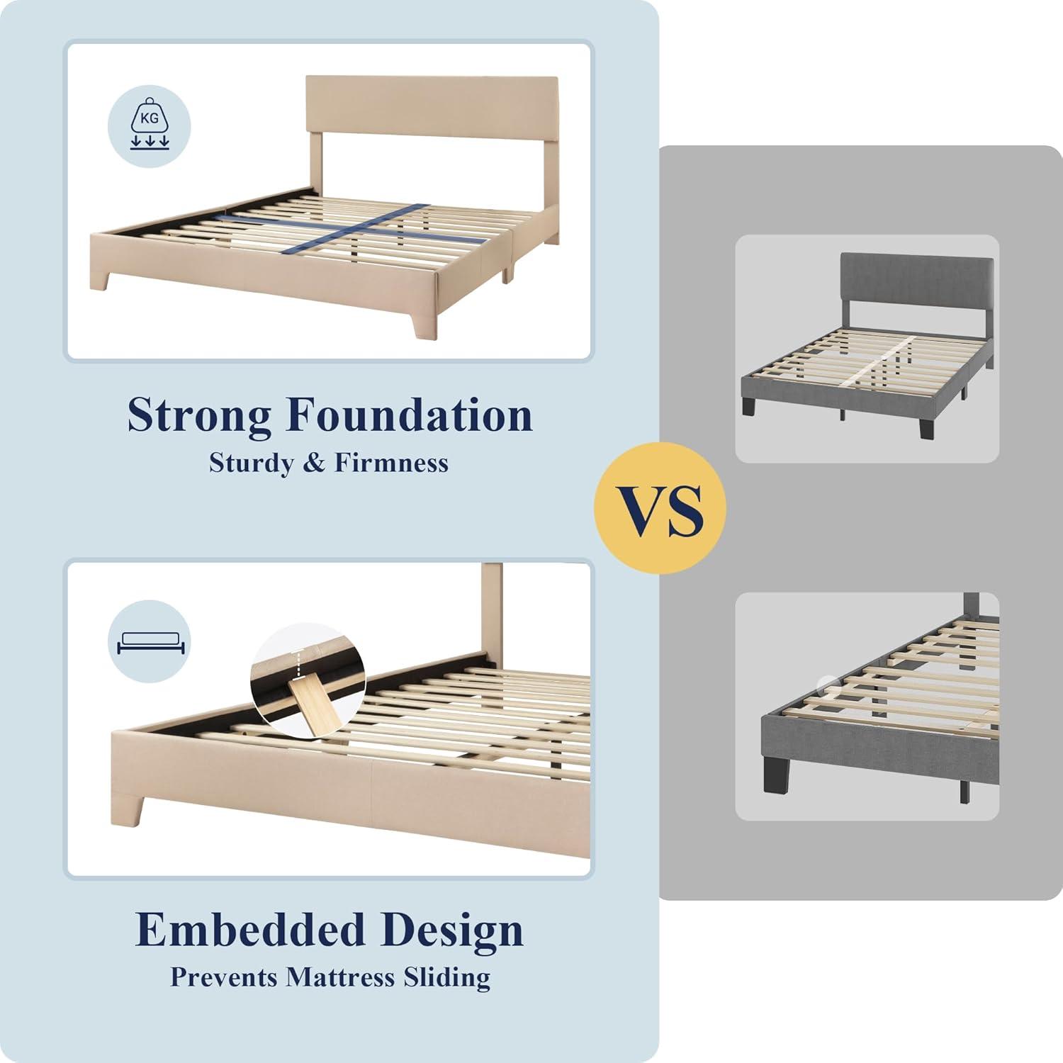 Killeryuki Queen Size Bed Frame with Adjustable Headboard, Upholstered Platform Bed with Wood Slats, Heavy Duty Mattress Foundation, No Box Spring Needed, Noise-Killeryuki, Easy Assembly, Beige