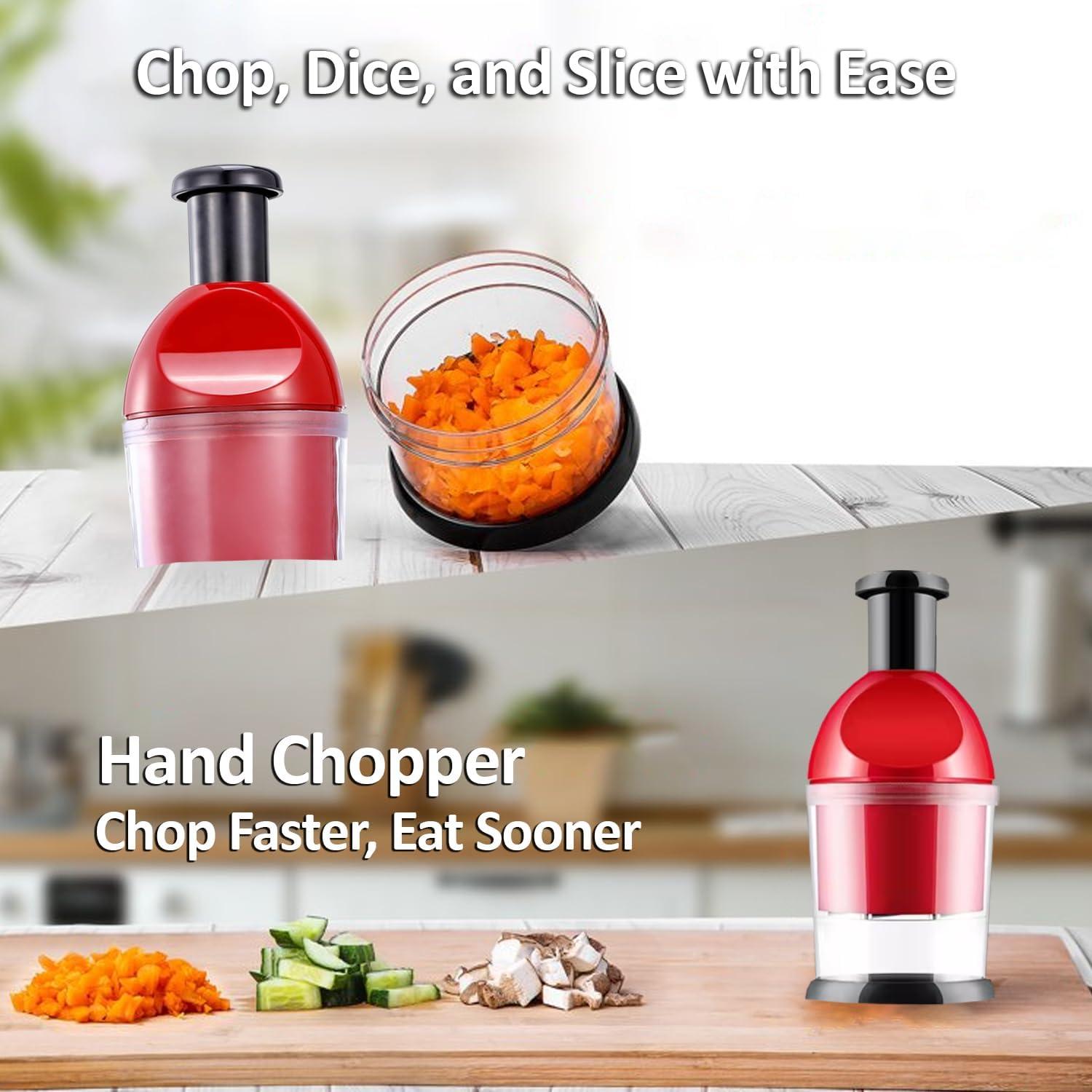 Food Chopper, Hand Chopper Dicer Easy to Clean, Manual Slap Vegetable Chopper Onion Cutter, Garlic Chopper Mincer for Onion, Nut, Tomato, Pepper, Celery, etc, Red