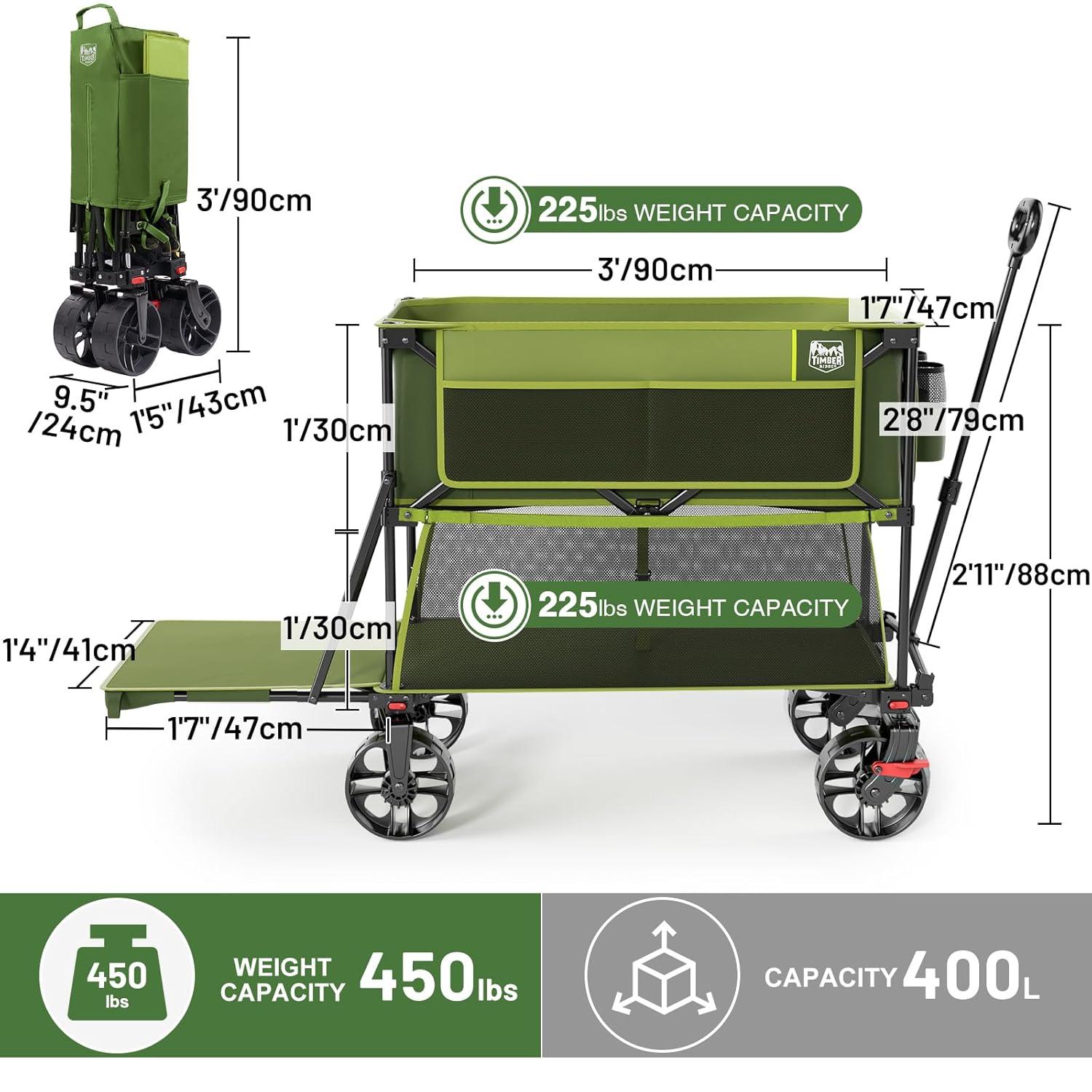 TIMBER RIDGE 400L Large Capacity Folding Double Decker Wagon with Brakes, 54" Extra Long Extender Wagon Cart, 450lbs Heavy Duty Collapsible Cart, All-Terrain Big Wheels for Camping, Sports, Shopping