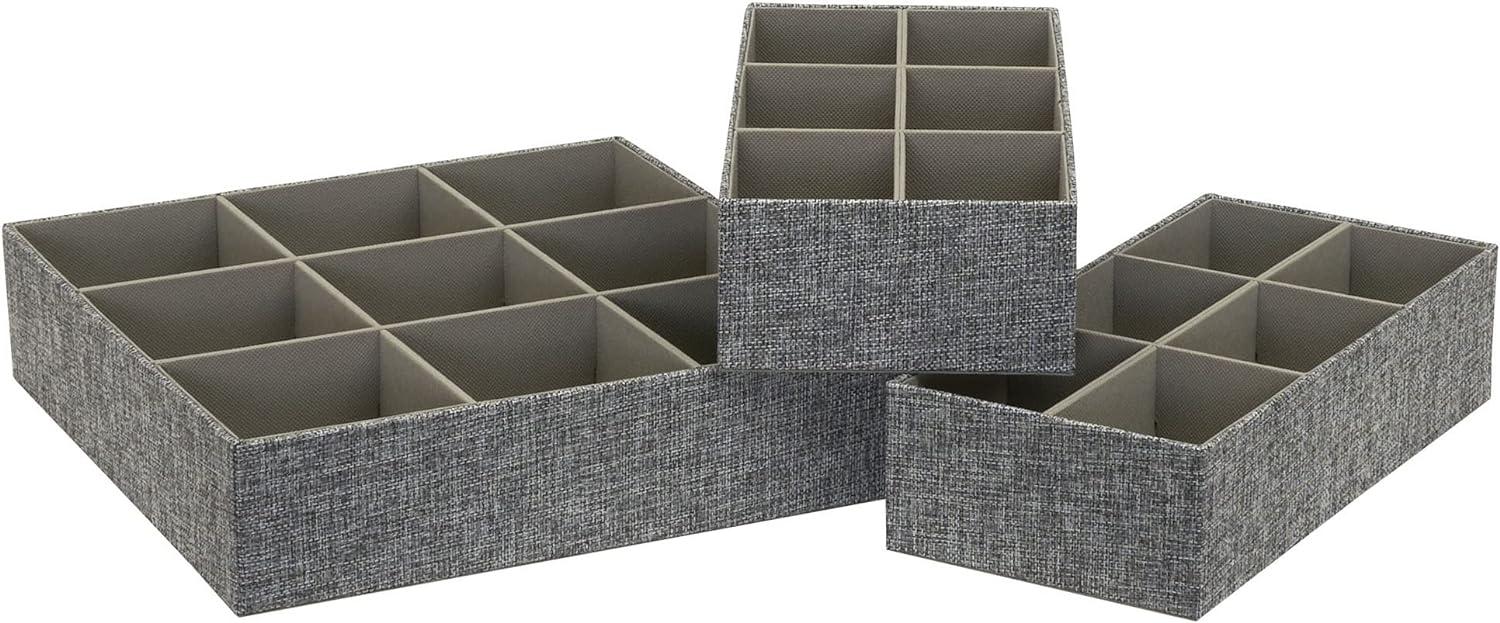 Household Essentials 3pc Drawer Organizer Set Graphite Linen: Stackable Decorative Boxes, Polyester, 12.6"x12.6" Rectangle