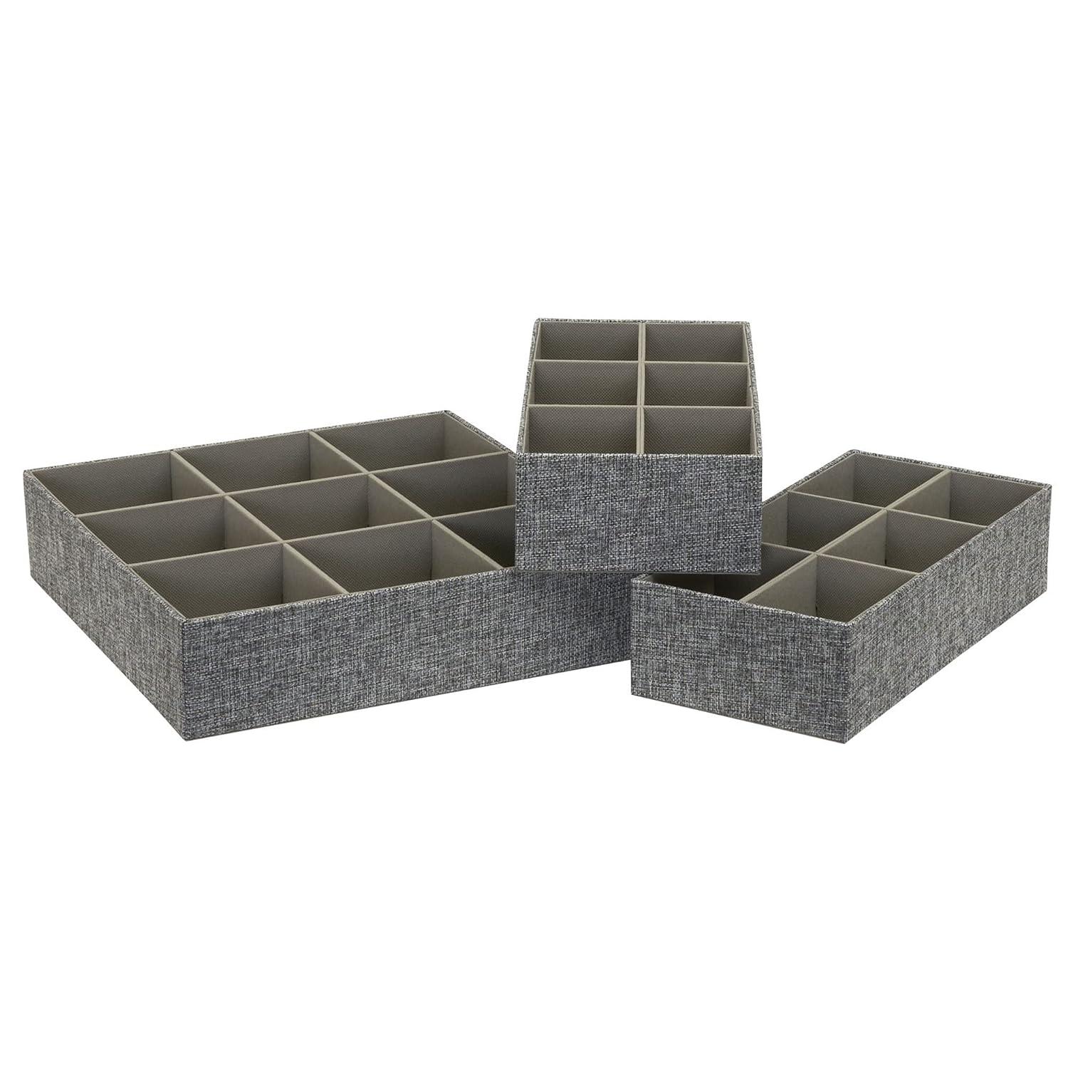 Household Essentials 3pc Drawer Organizer Set Graphite Linen: Stackable Decorative Boxes, Polyester, 12.6"x12.6" Rectangle