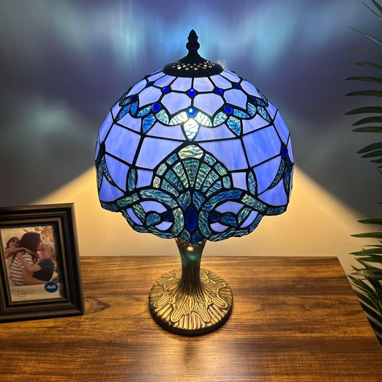 Tiffany Table Lamp Blue Stained Glass Baroque Style Lavender LED Bulb Included for Living Room Bedroom Bedside 12'W*19"H