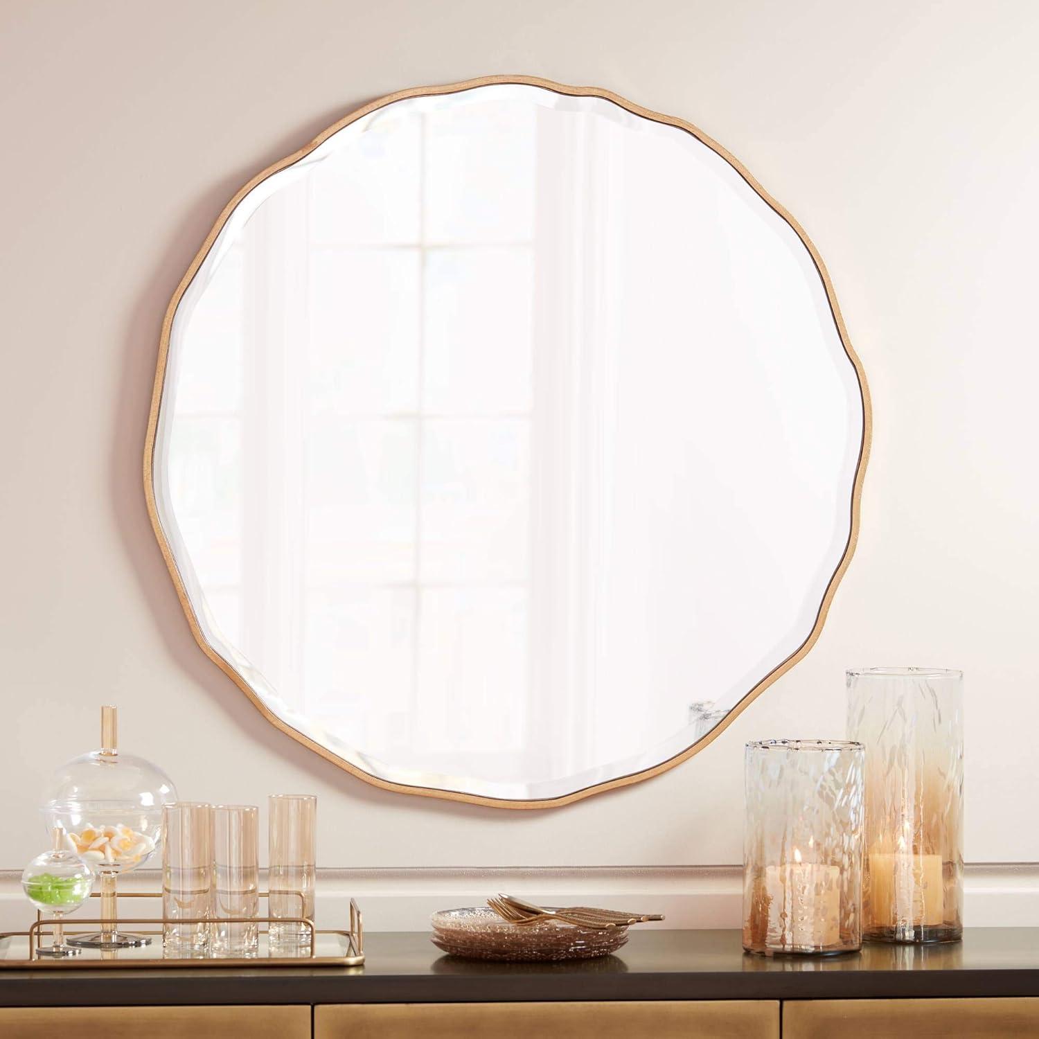 Noble Park Lissa Round Vanity Decorative Wall Mirror Modern Beveled Edge Gold Waved Wood Frame31 1/2" Wide for Bathroom Bedroom Living Room Home House